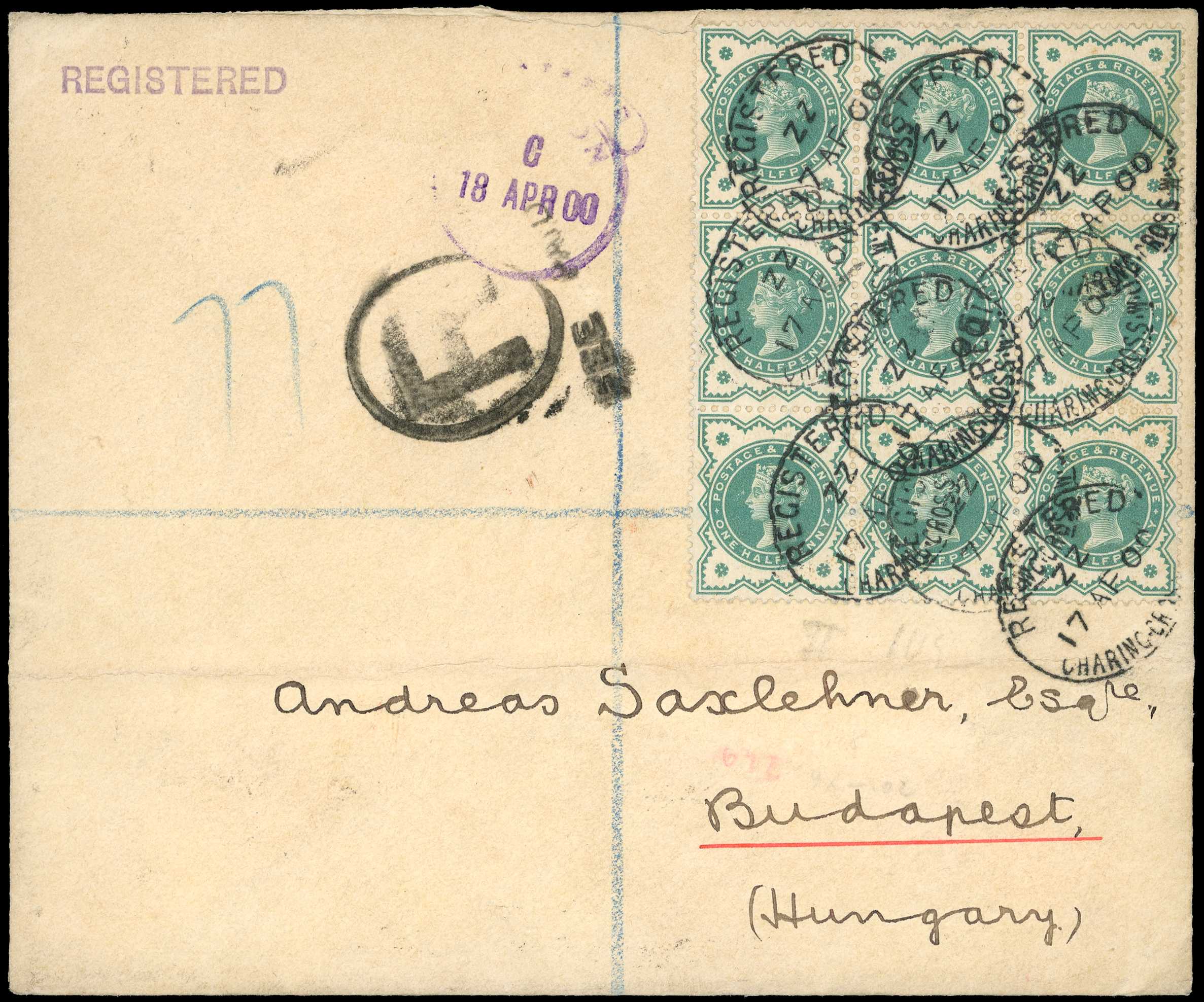 1900 ½d blue-green block of nine on a...
