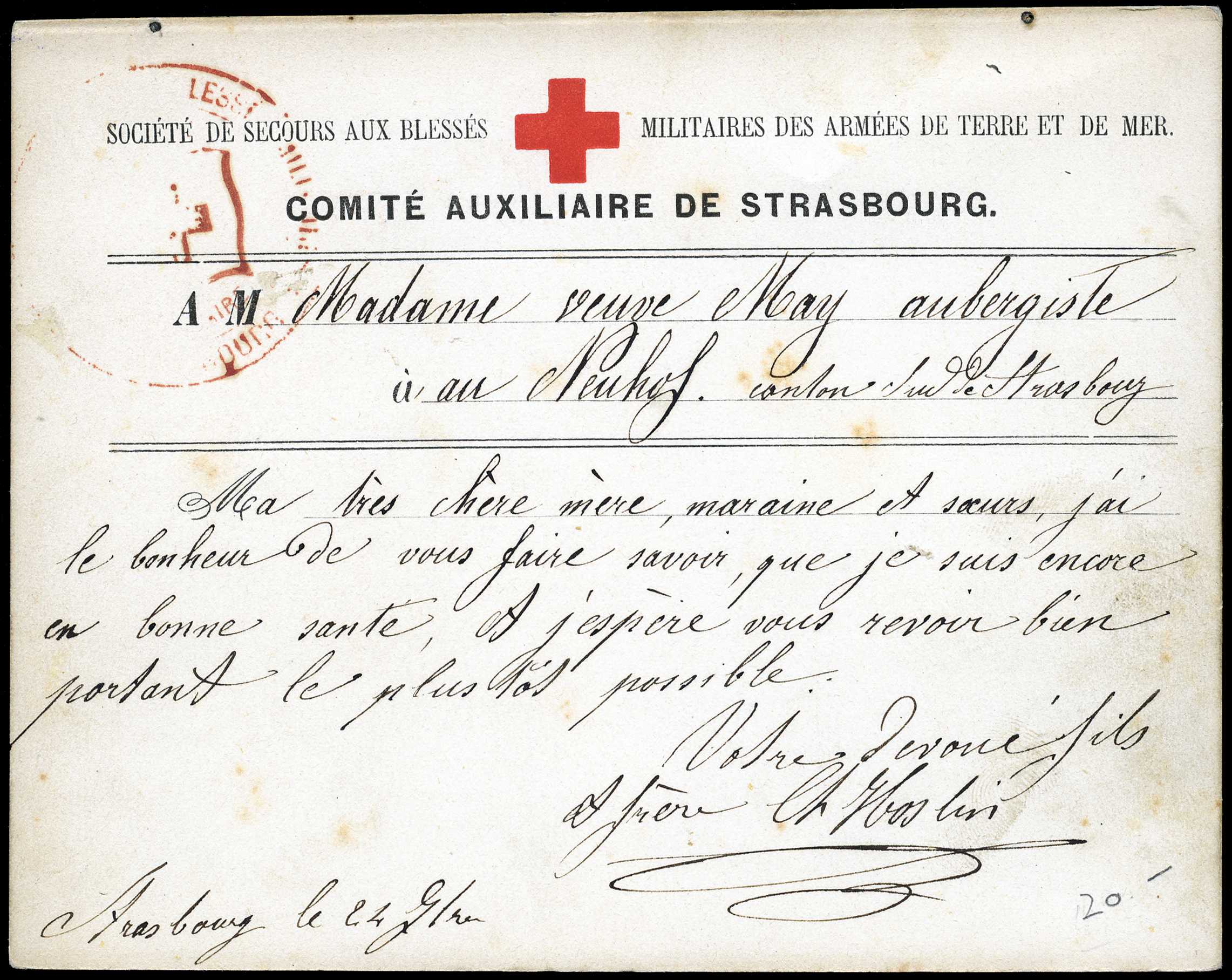1870 Red Cross card to Neuhof Strasbourg...
