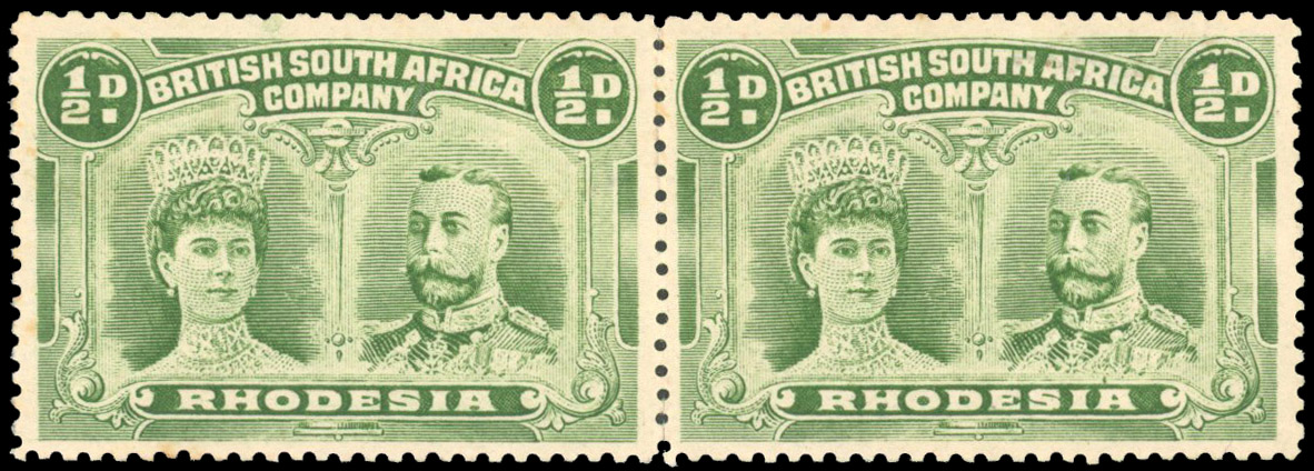 Rhodesia 1910-13 yellow-green perf 14 horizontal pair