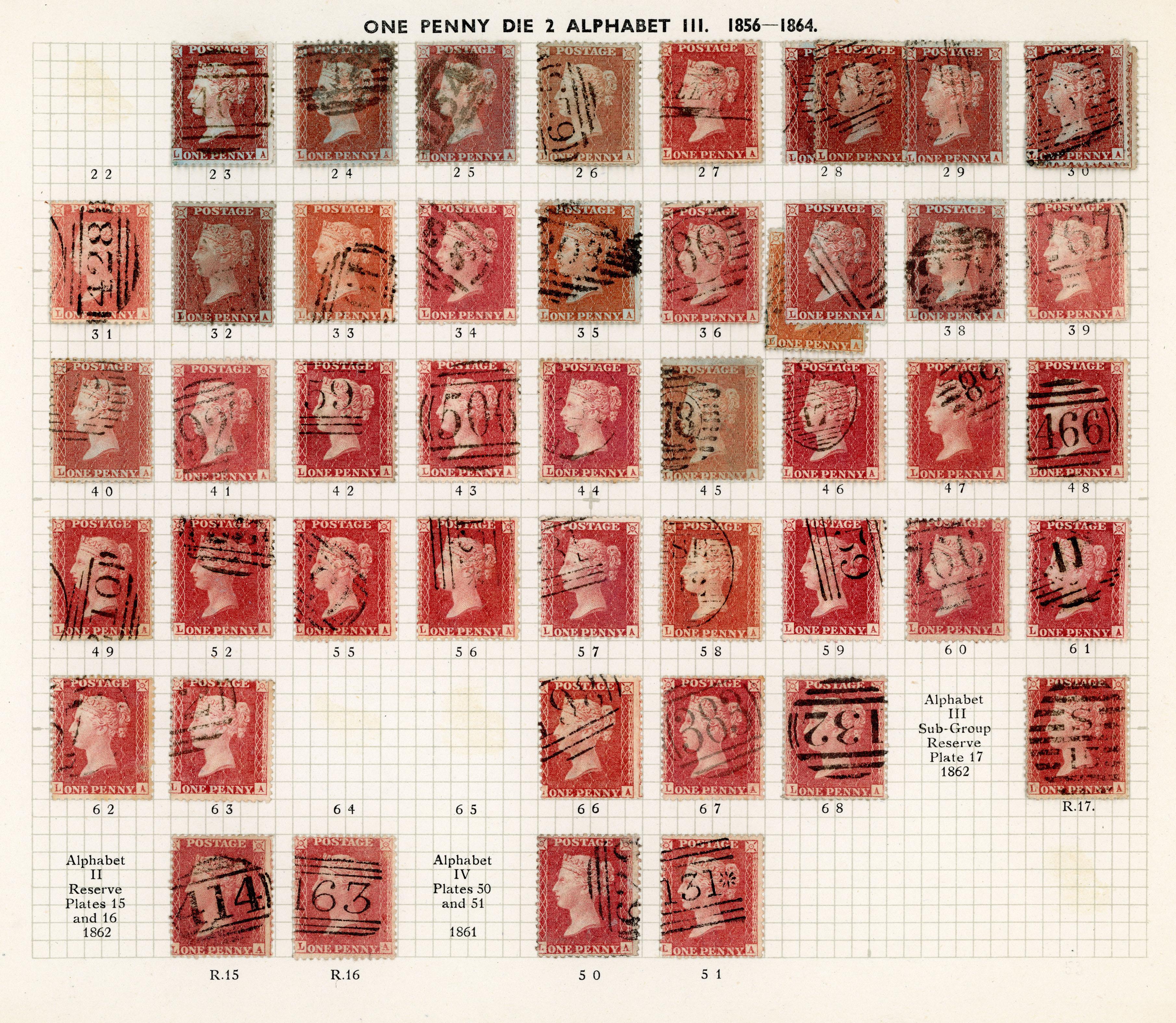 GB 1856-64 1d reds from Plates 22 - R17, the L Row