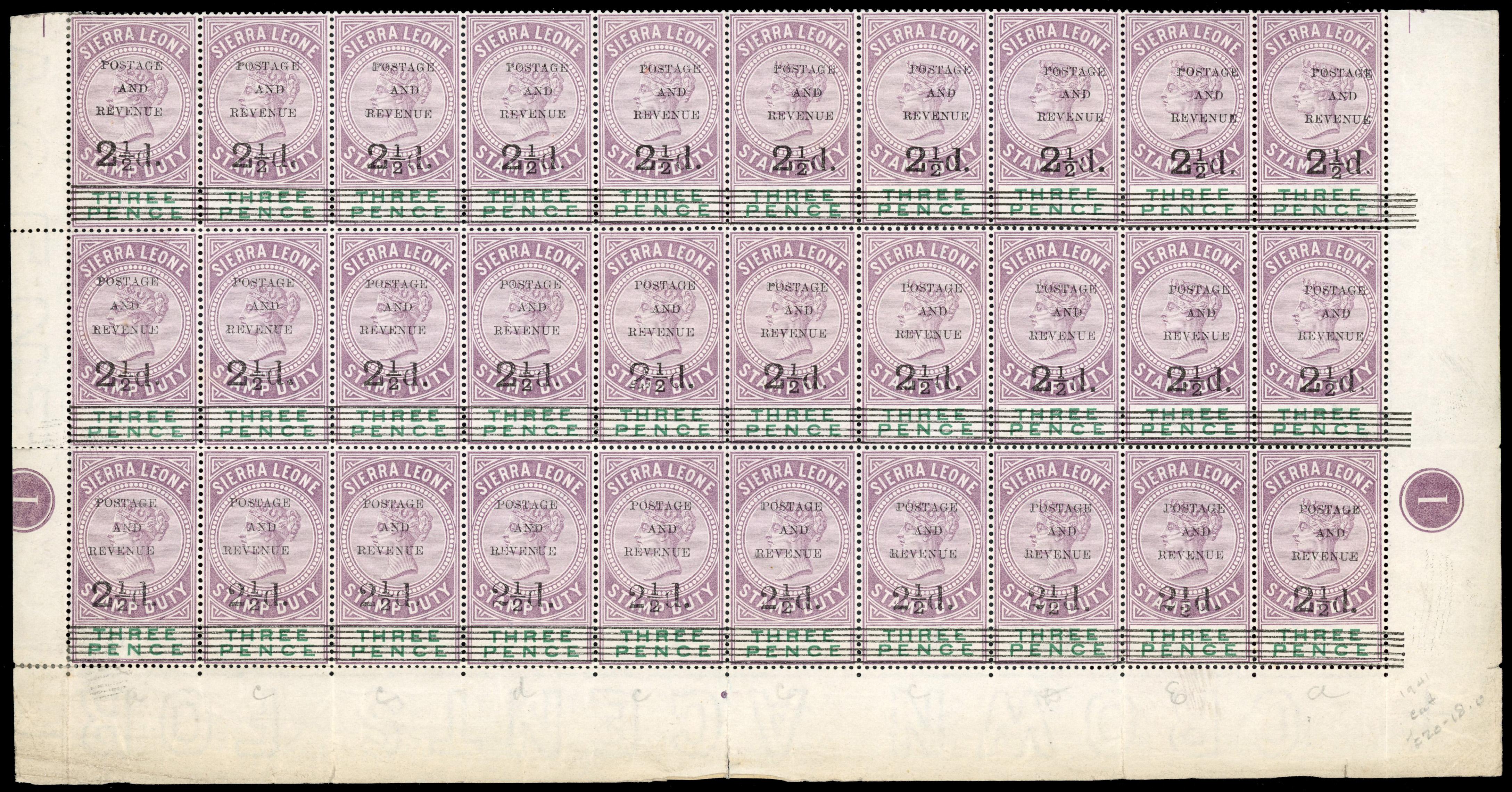 Sierra Leone 1897 2½d on 3d dull purple and green, lower half of the sheet with complete setting. SG 55/58