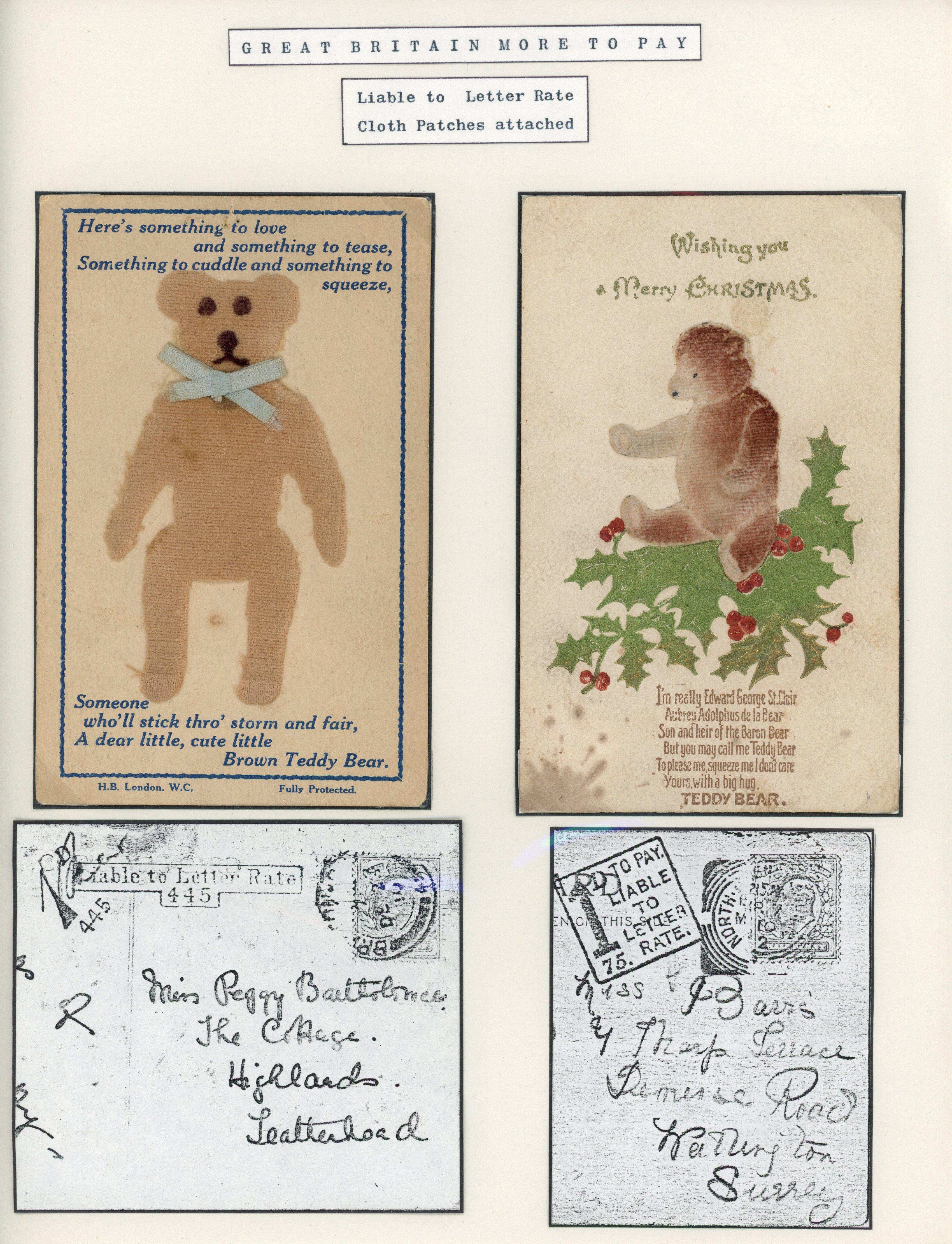 Great Britain 1910 pair of novelty postcards with cloth teddy bears attached