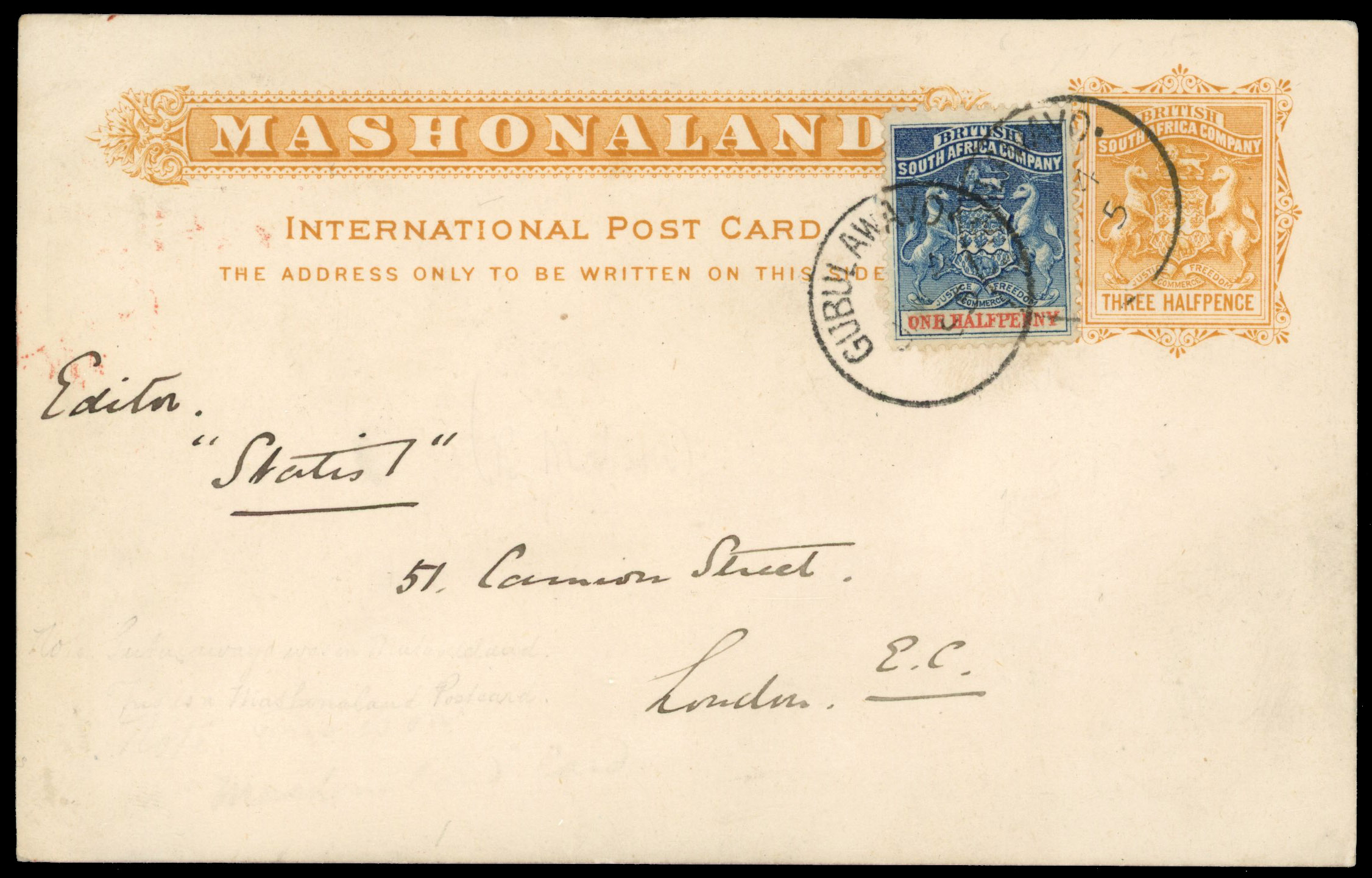 Rhodesia 1895 1½d postal stationery card to London