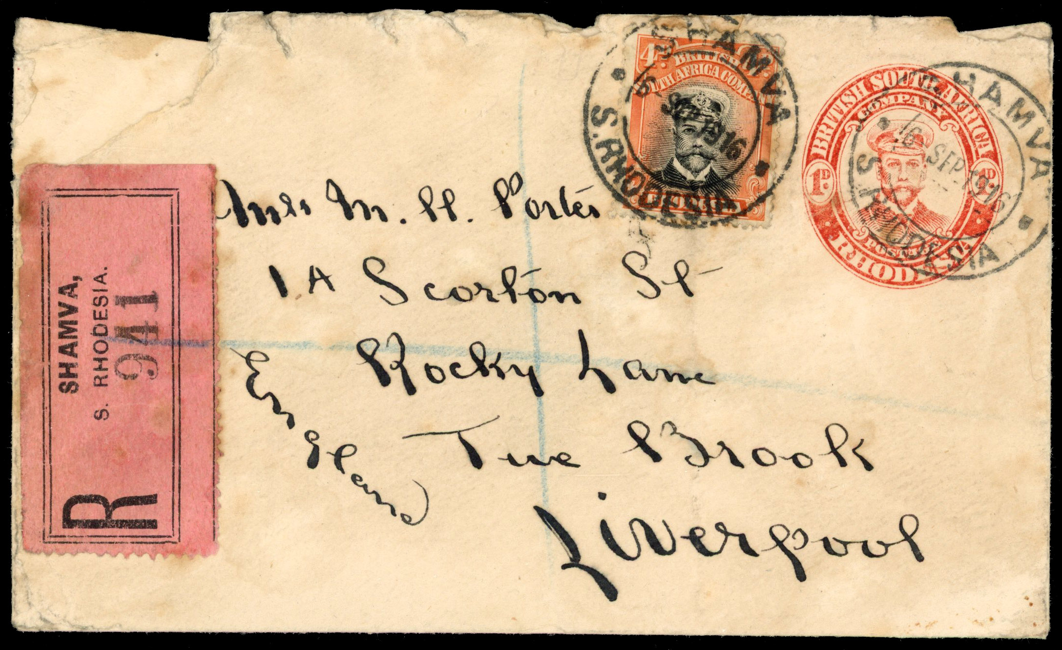 Rhodesia 1916 registered envelope to Liverpool with 4d Die II, perf 15