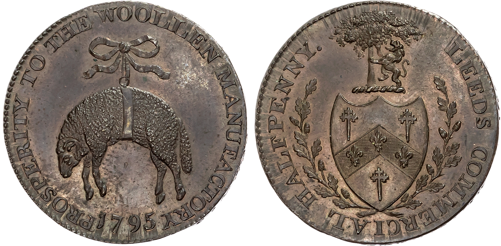 Yorks.  Leeds , Samuel Birchall (woolstapler and coin collector) Halfpenny 1795, Birchall crest and arms, rev. hanging f …