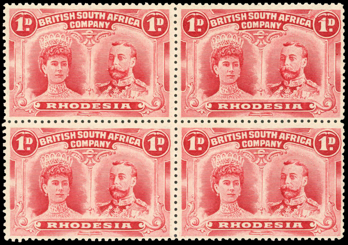 Rhodesia 1910-13 1d pale carmine-red perf 14 block of 4