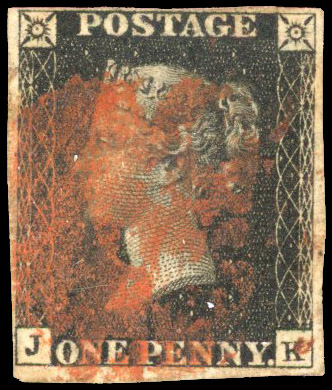 1840 1d black Plate 9 (JK), four margins, smudged red MC SG 2
