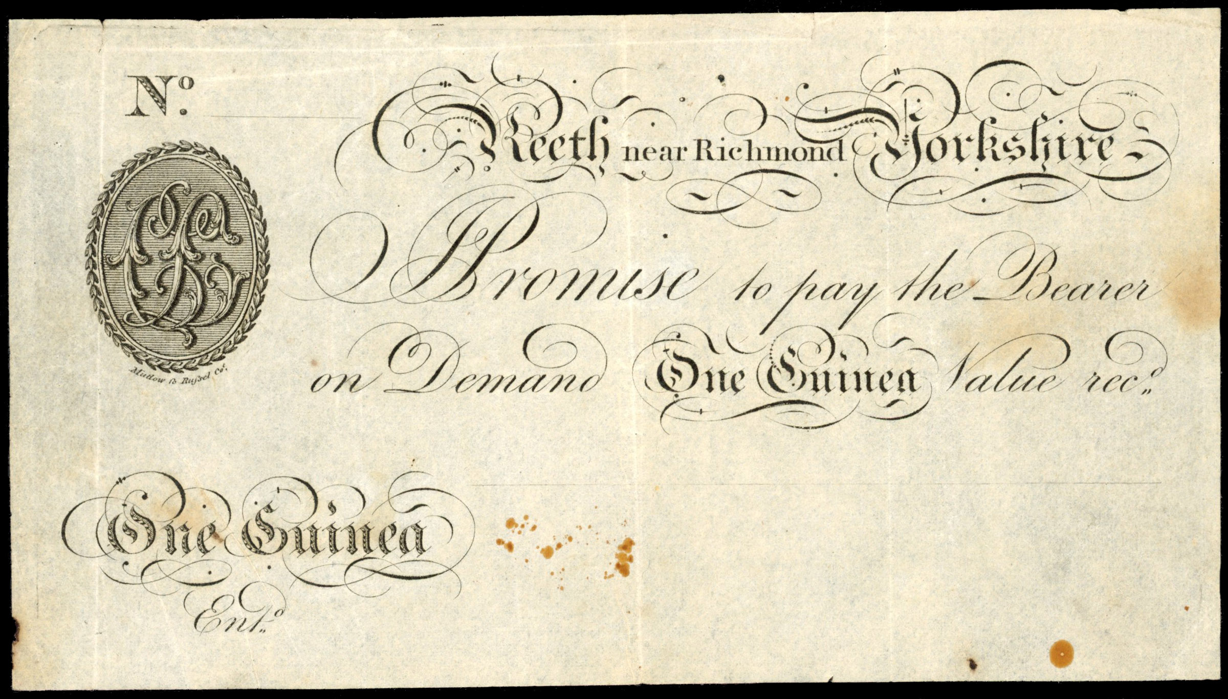 REETH, near RICHMOND, No trading name for Unknown Partnership, Unissued Guinea, CL cypher upper l., (Outing 17…