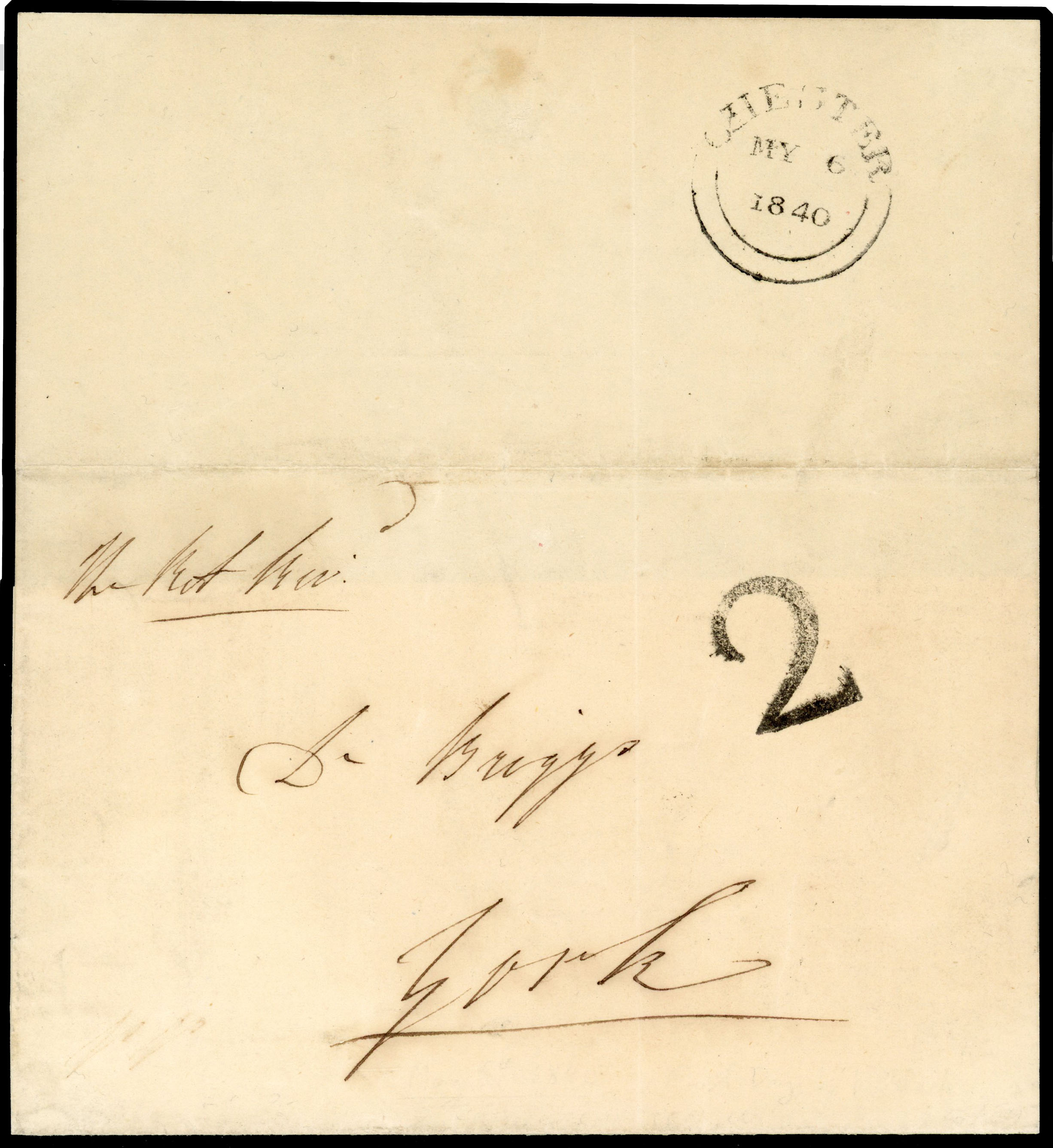 1840 (6 May) double-rate handstamped ‘2’ on large part wrapper to York used on the first day