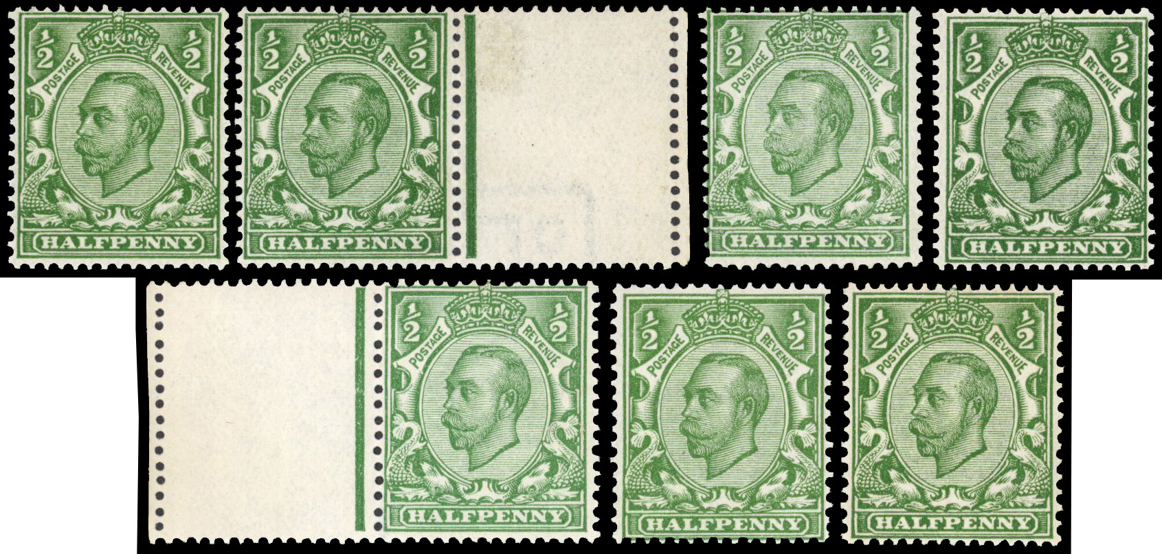 1912 Downey Head, ½d (Die 2) wmk Crown, set of 7 specialised shades