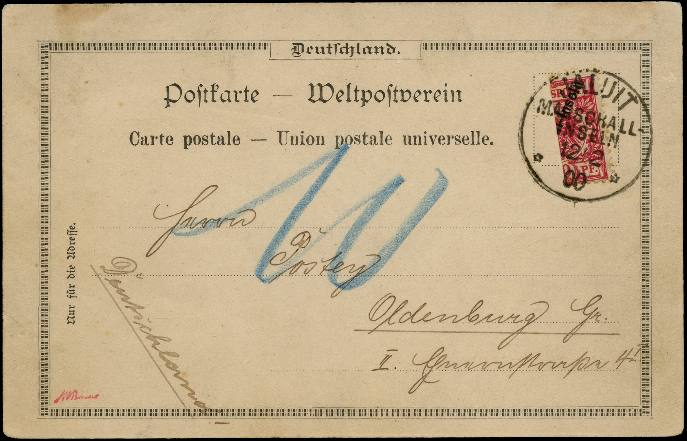 Marshall Islands 1897-99 stamps of Germany overprinted 'Marschall-Inseln' 10pf carmine bisected vertically and tied to...