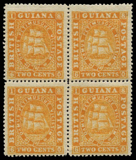 BR GUIANA SG 108 1863-76 2c orange P15 B4 lpog