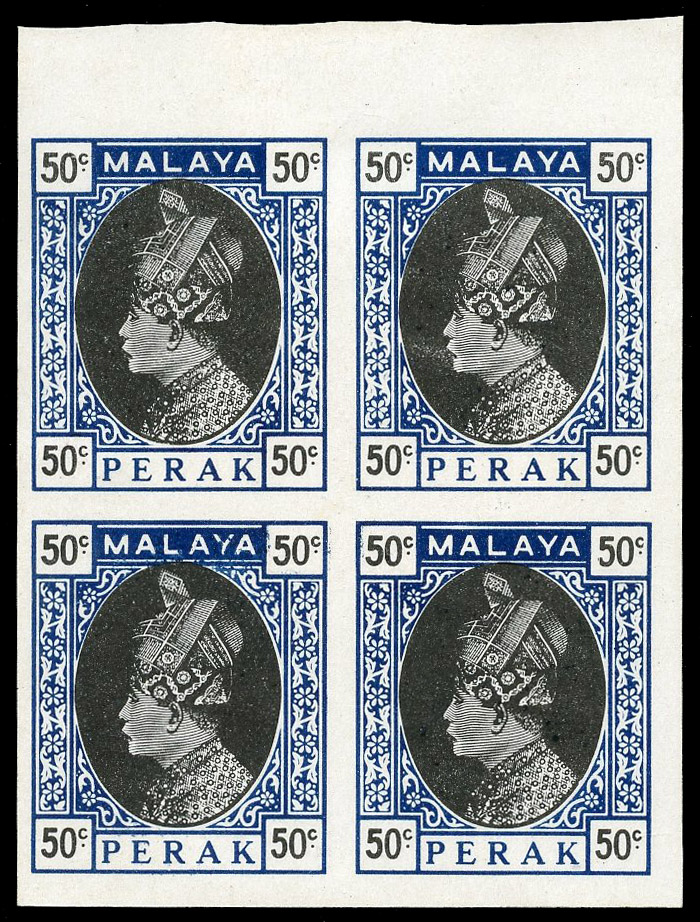 1933-34 Survey Department 50c Sultan Iskandar essays on glazed paper with solid background blocks of four