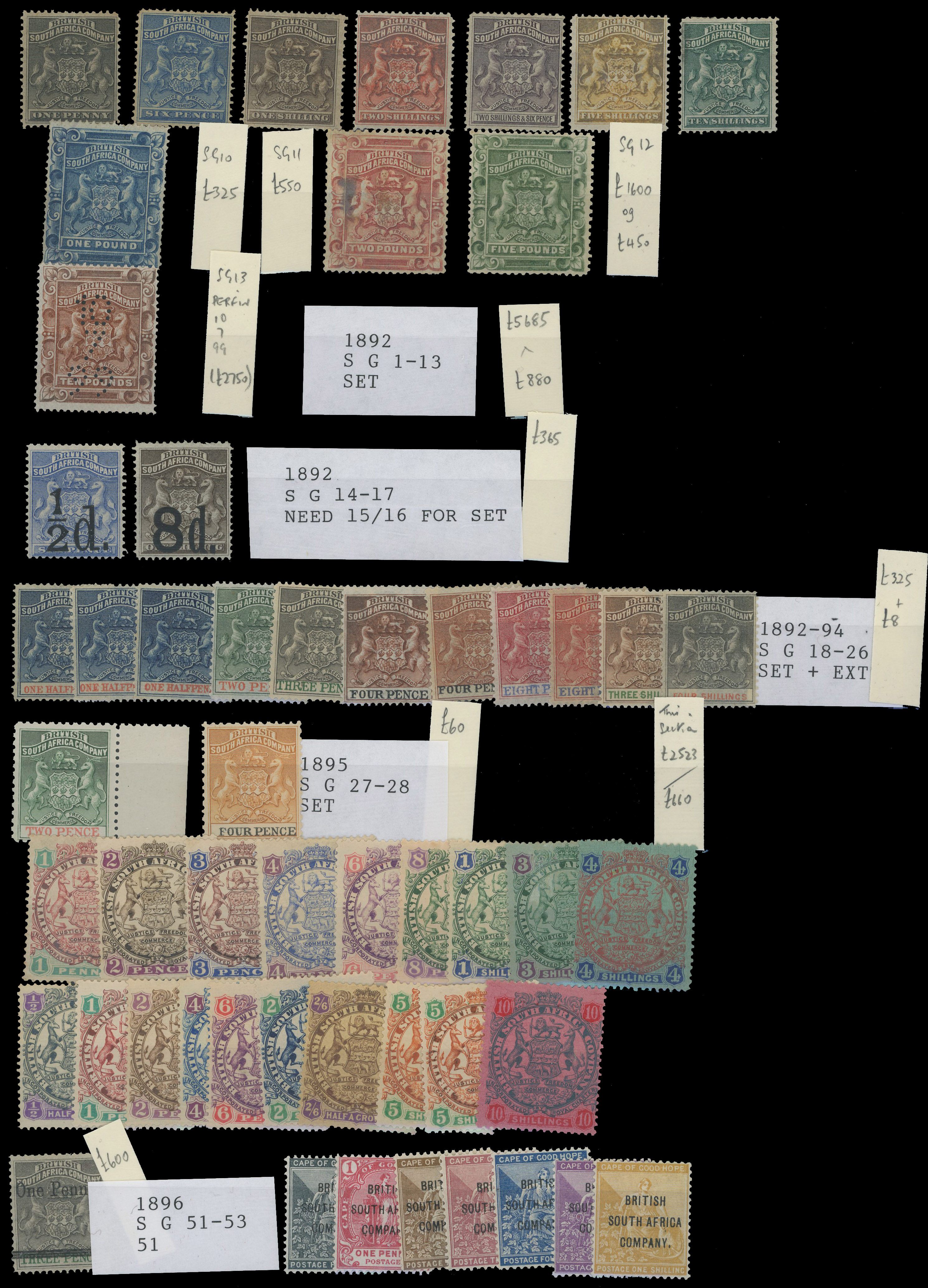 RHODESIA: 1892 to 1924 mint selection on stockcards including 1892 to £1, £2 used, £5 and £10 (perfin), 1892 ½d on 6d and