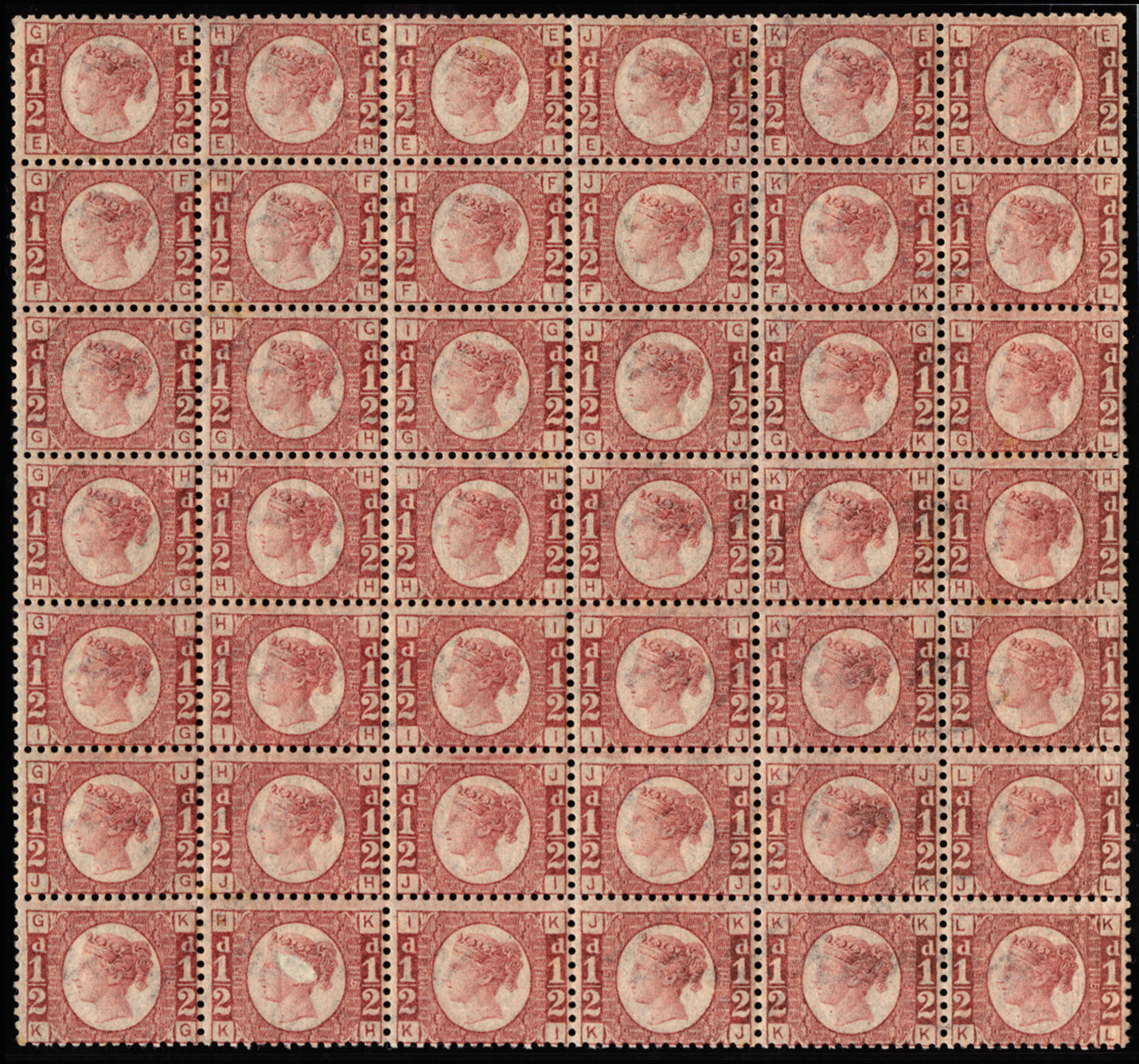 Great Britain 1870 ½d Rose-red Pl.15. Superb mint well-centred block of forty-two (thirty-eight stamps unmoun…