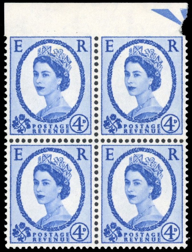 GB: 1965 Multiple Crowns 4d deep ultramarine, whiter paper, mint pair variety ‘IMPERFORATE BETWEEN STAMP AND TOP MARGIN’