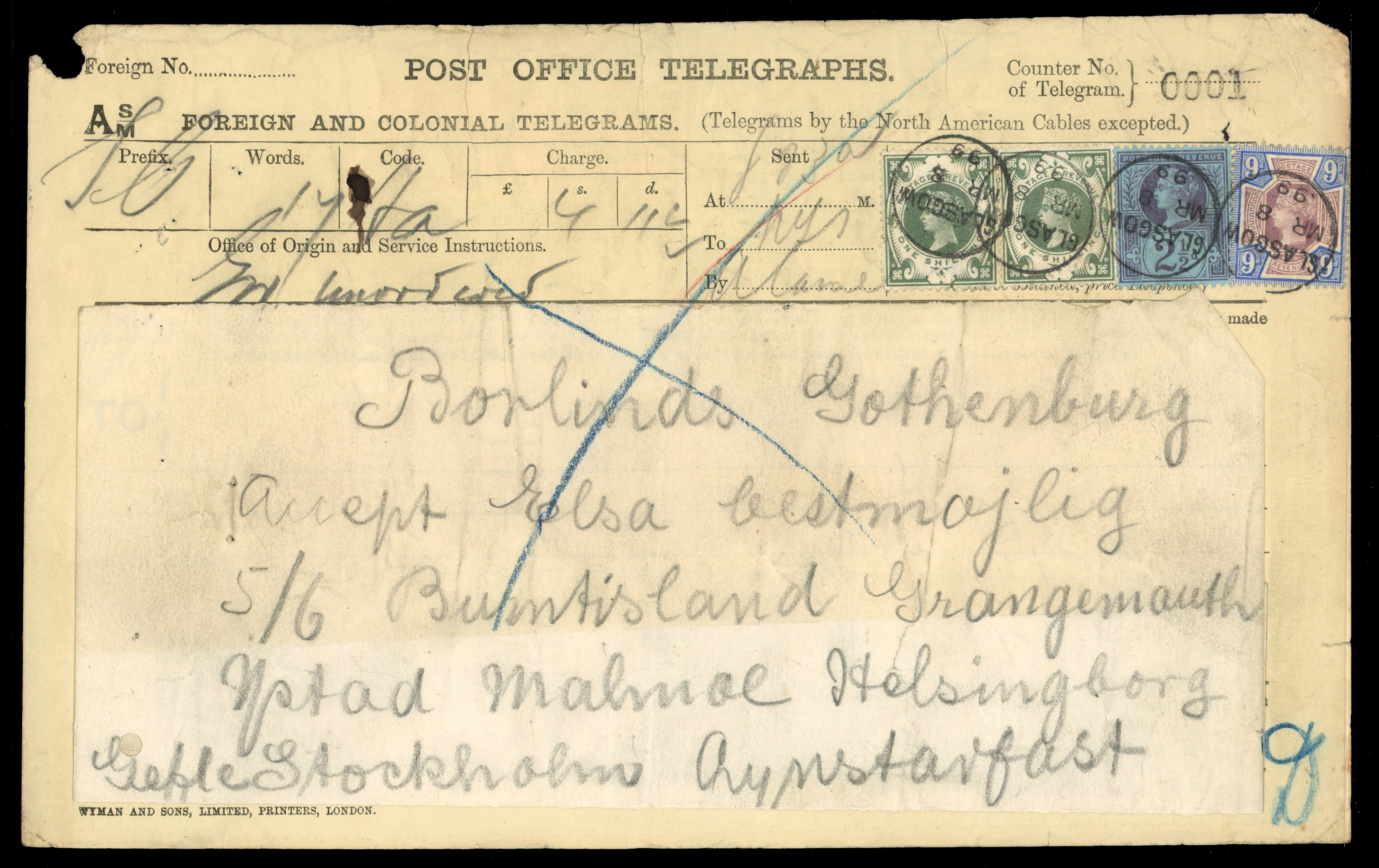 GB TELEGRAPHS: 1899 form stamped '0001' bearing 1887-1900 ‘Jubilee’ 2½d, 9d, 1s green (4, two on the reverse)