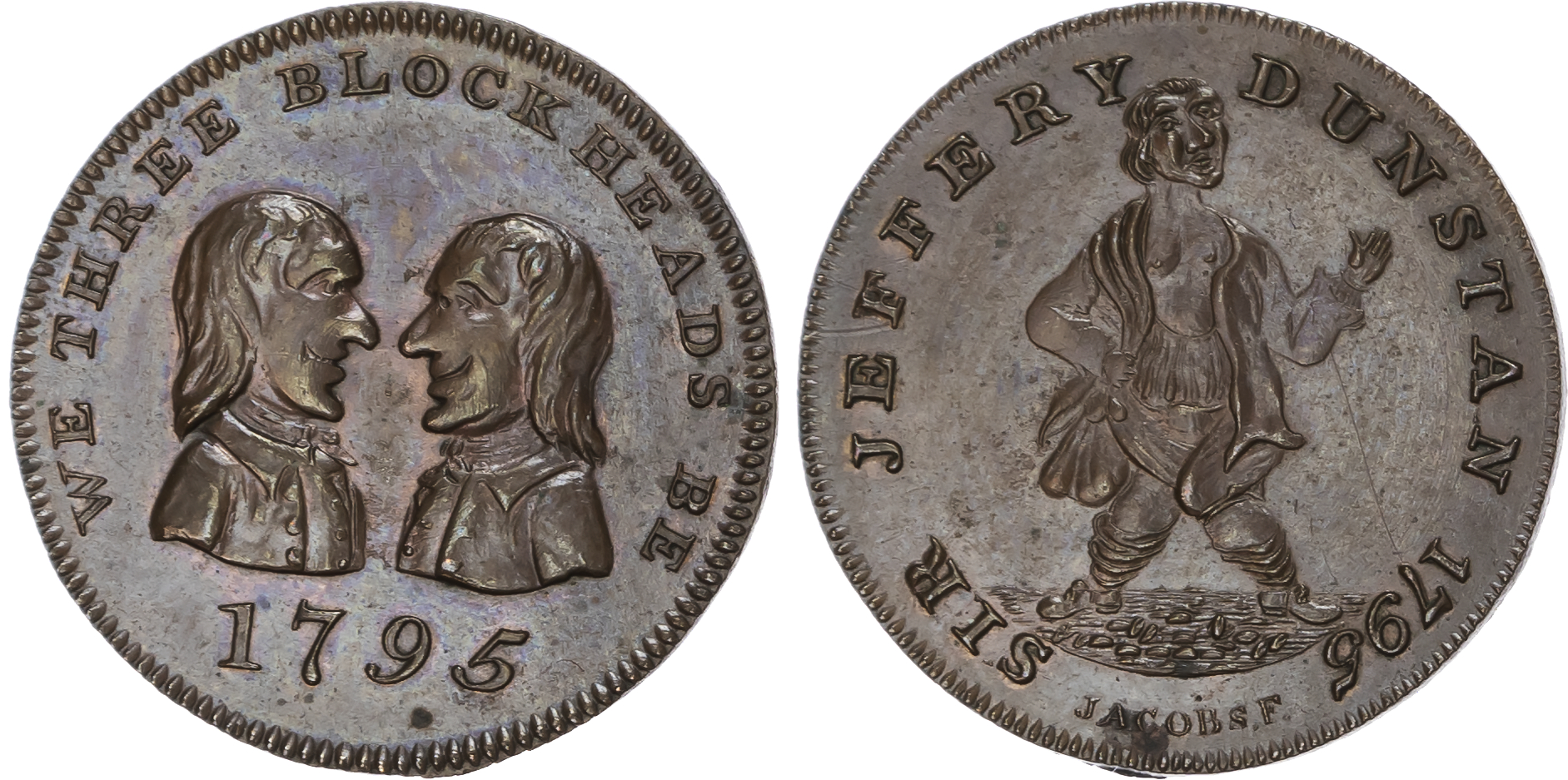 London, Smithfield Mathew Denton ‘Advertising Farthing’ 1795, Two men grimacing, vis-à-vis, ‘Blockheads’ rev. …