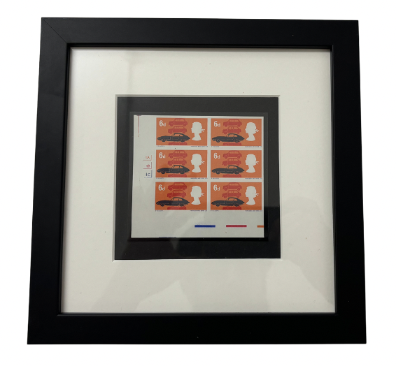 Featuring E-Type Jaguar  - 1966 6d British Technology, block of six imperf. imprimaturs,  "BPMA" H/S on reverse. Unique.