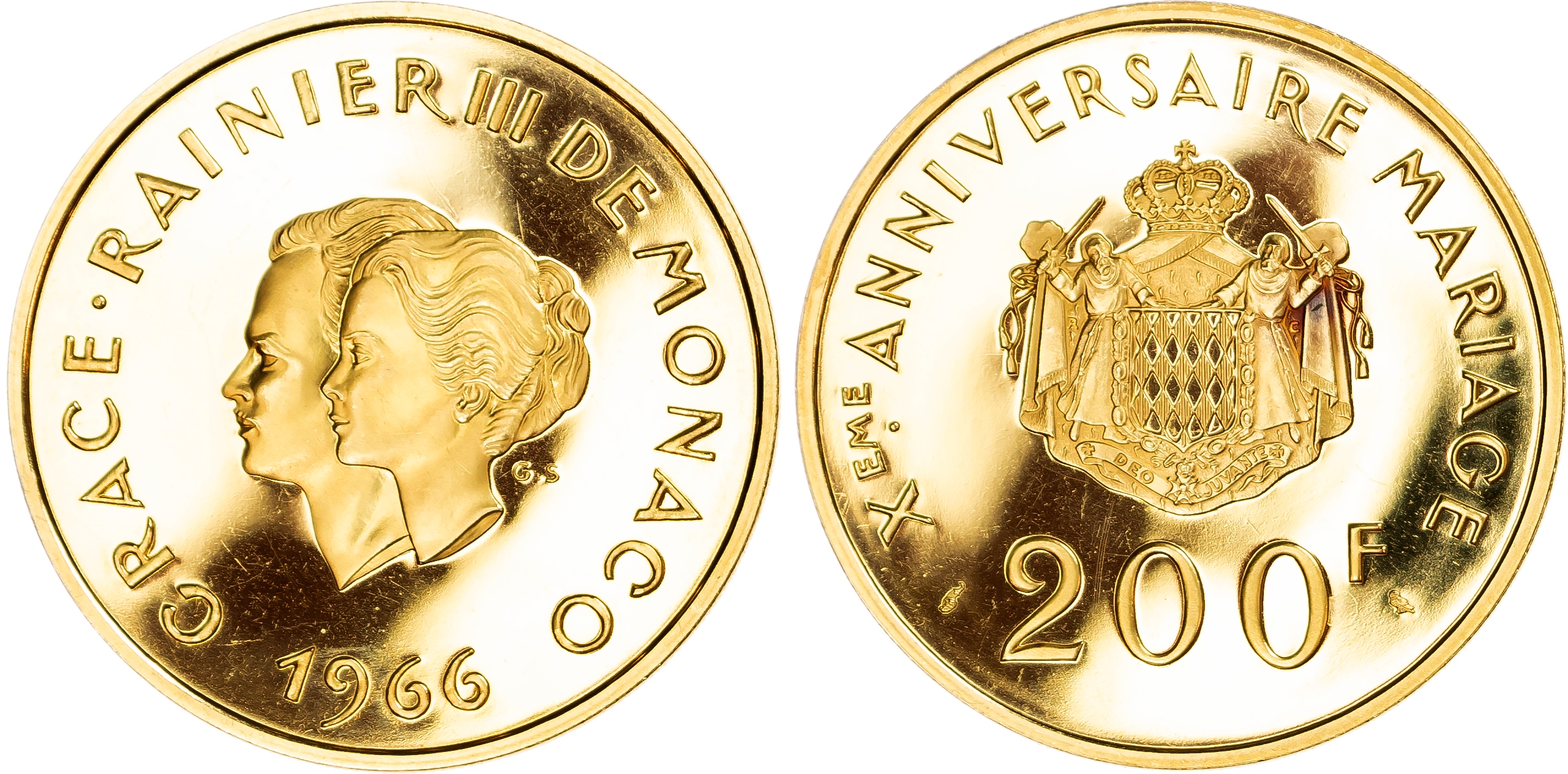 Monaco, Principality. Rainier III and Grace Kelly AV 200 Francs. 1966. 