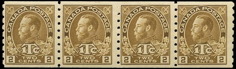 CANADA SG 241 1916 WAR TAX 2c + 1c BROWN DIE I COIL STRIP 4 LPOG