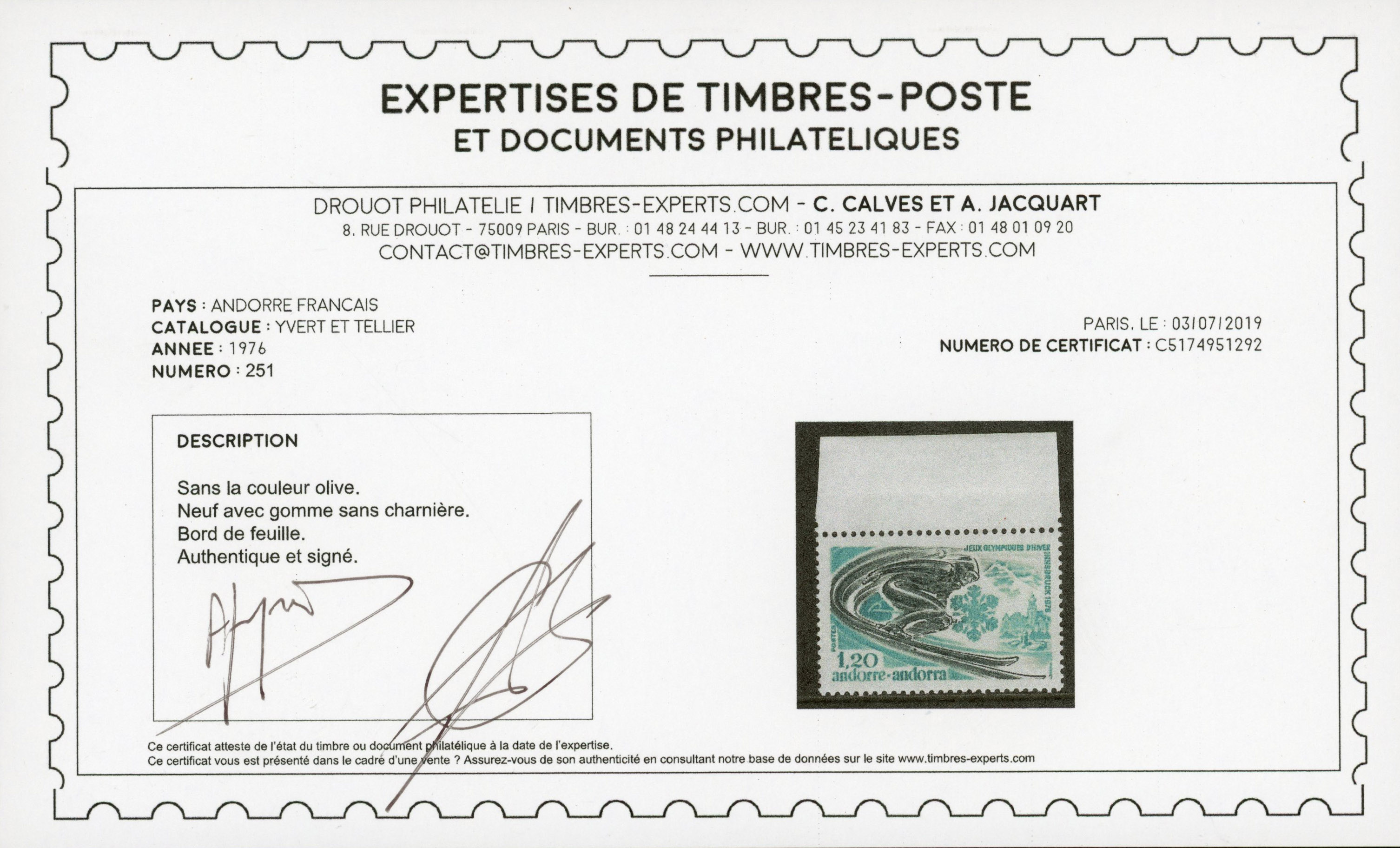 French Andorra 1976 Winter Olympics 1f20 missing green unmounted o.g.
