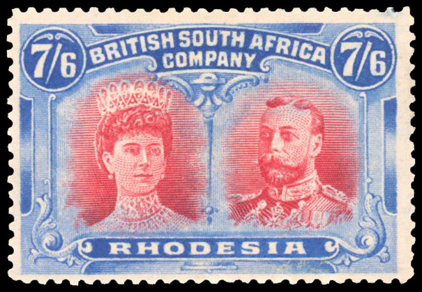 Rhodesia 1910-13 7s6d carmine and bright blue perf 14