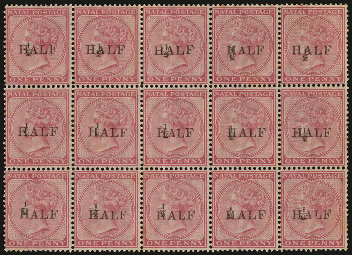 NATAL SG 86/9 1877 (13 Feb) ½d on 1d rose, surch as T19, block of 15 (5x3) with fractions "b" to "e" se-tenant, o.g.