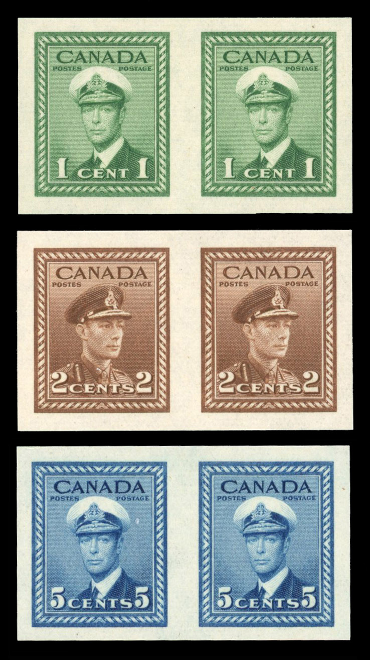 Canada SG 375-6, 381 1942 1c, 2c, 5c imperf pairs mint