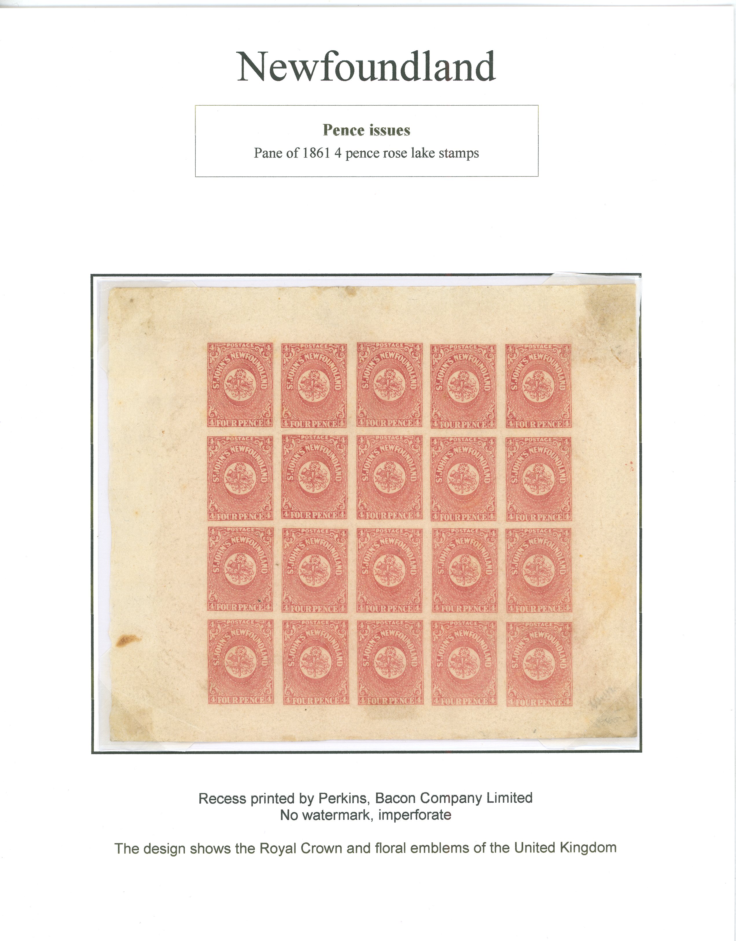 Newfoundland 1862-64 SG 18 4d rose-lake complete pane of 20...