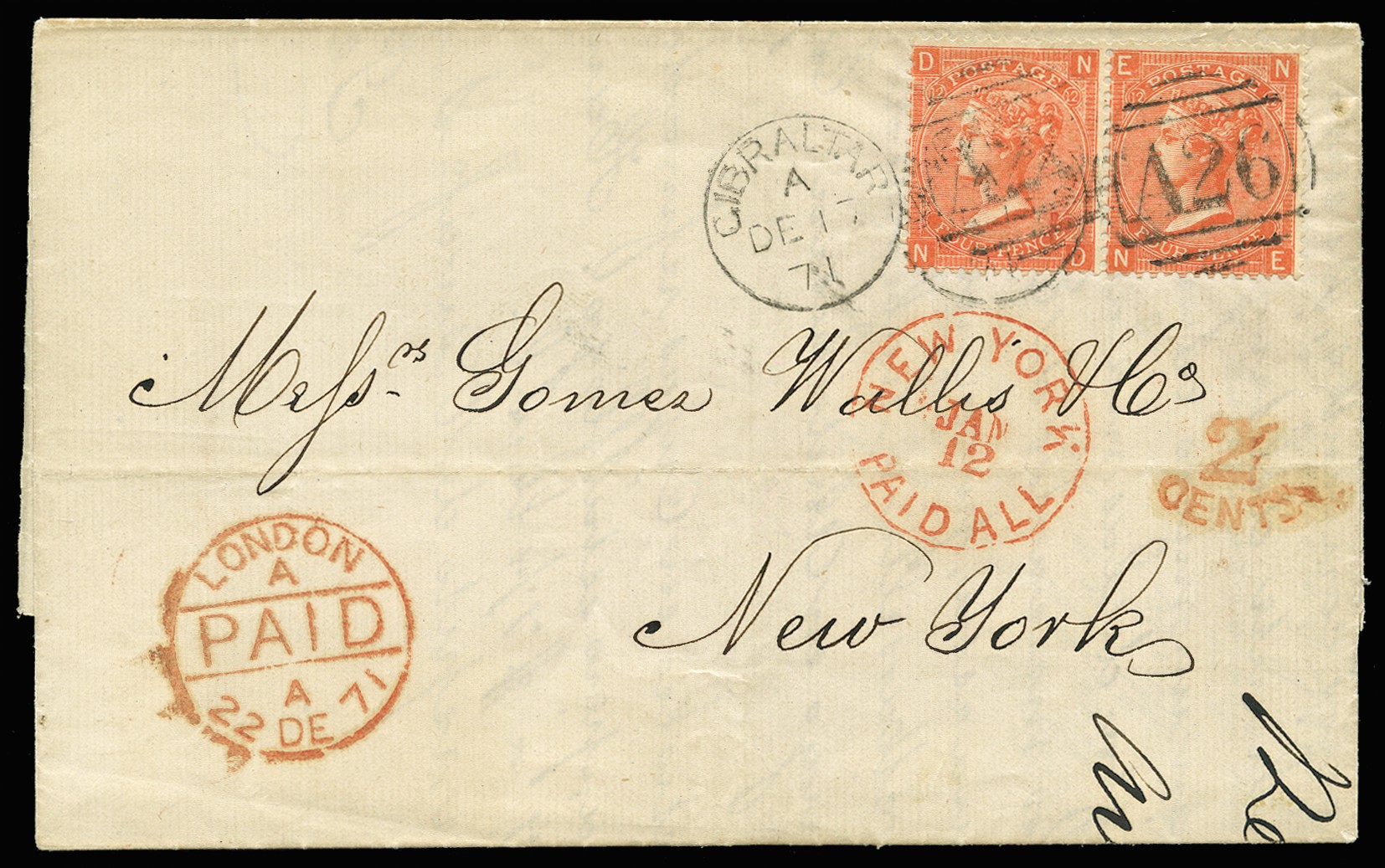 1871 (DE 17) entire letter from Gibraltar to...