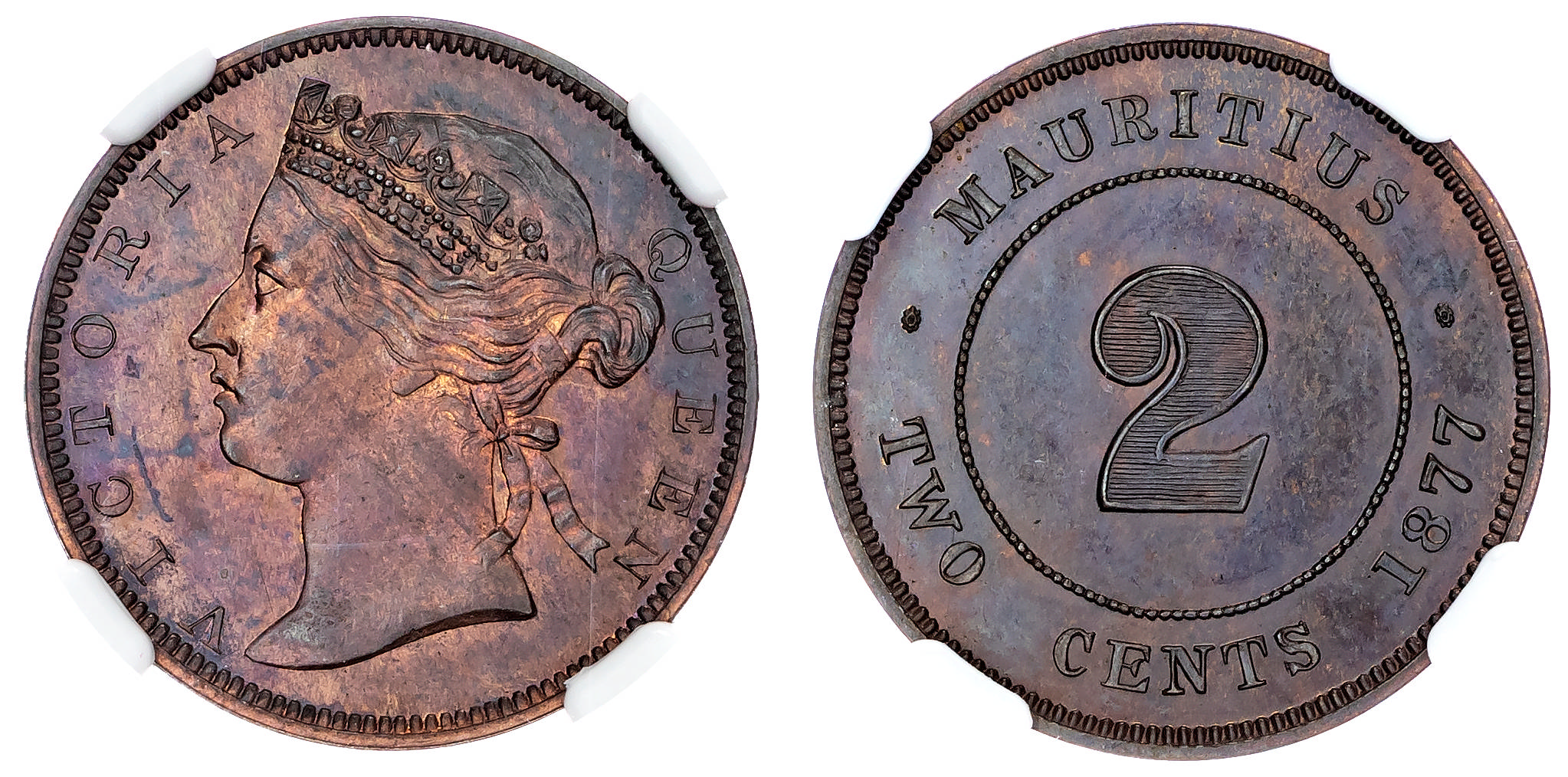 Mauritius, Victoria (1837-1901), bronze Proof 2 Cents, 1877 - PF 65 BN
