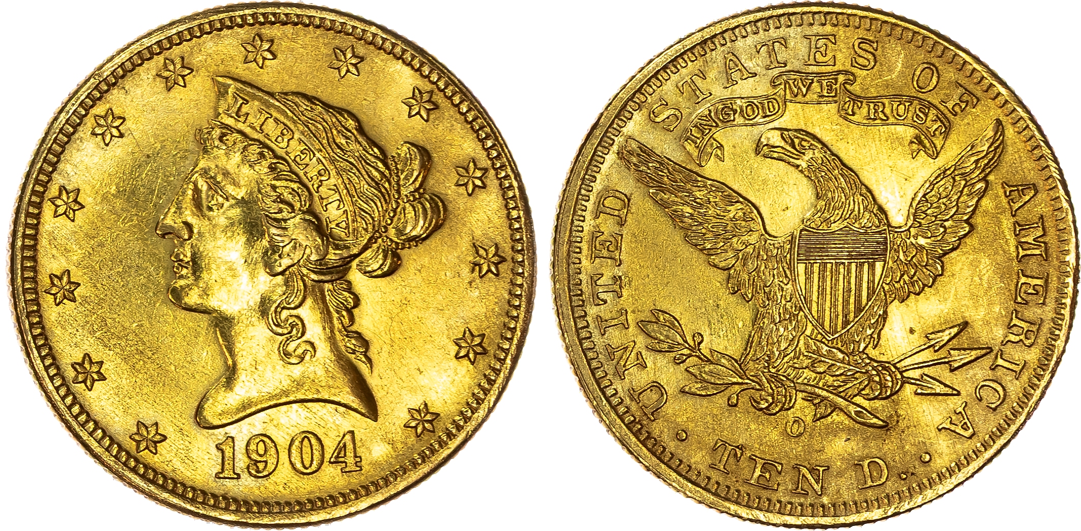 USA , Liberty Head Eagle, gold 10 Dollars, 1904, New Orleans, 16.73g (Fr. 155). About Uncirculated.…