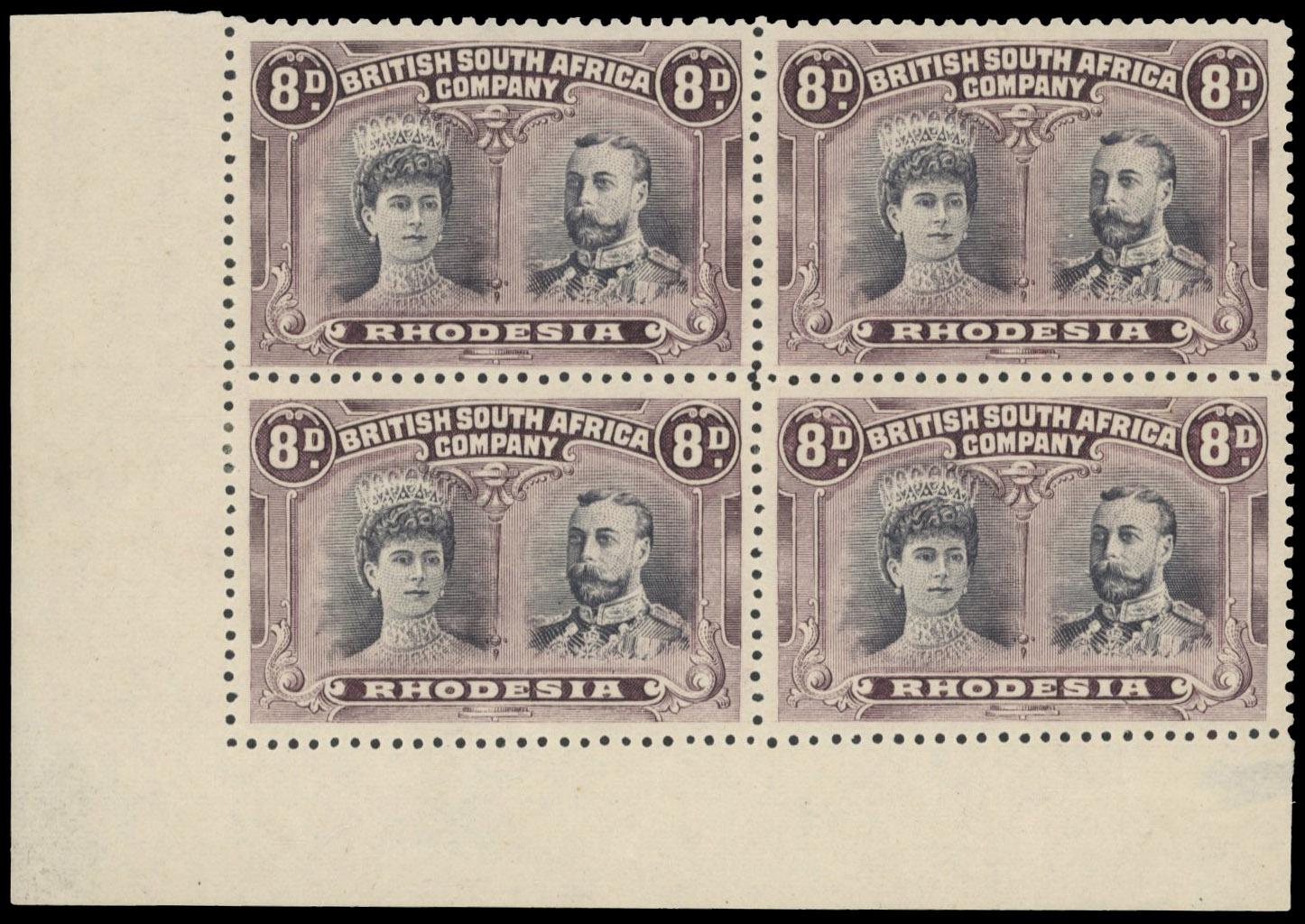 8d grey-black and deep dull purple perf 13½ SG 185 block, positions 41-7 mint