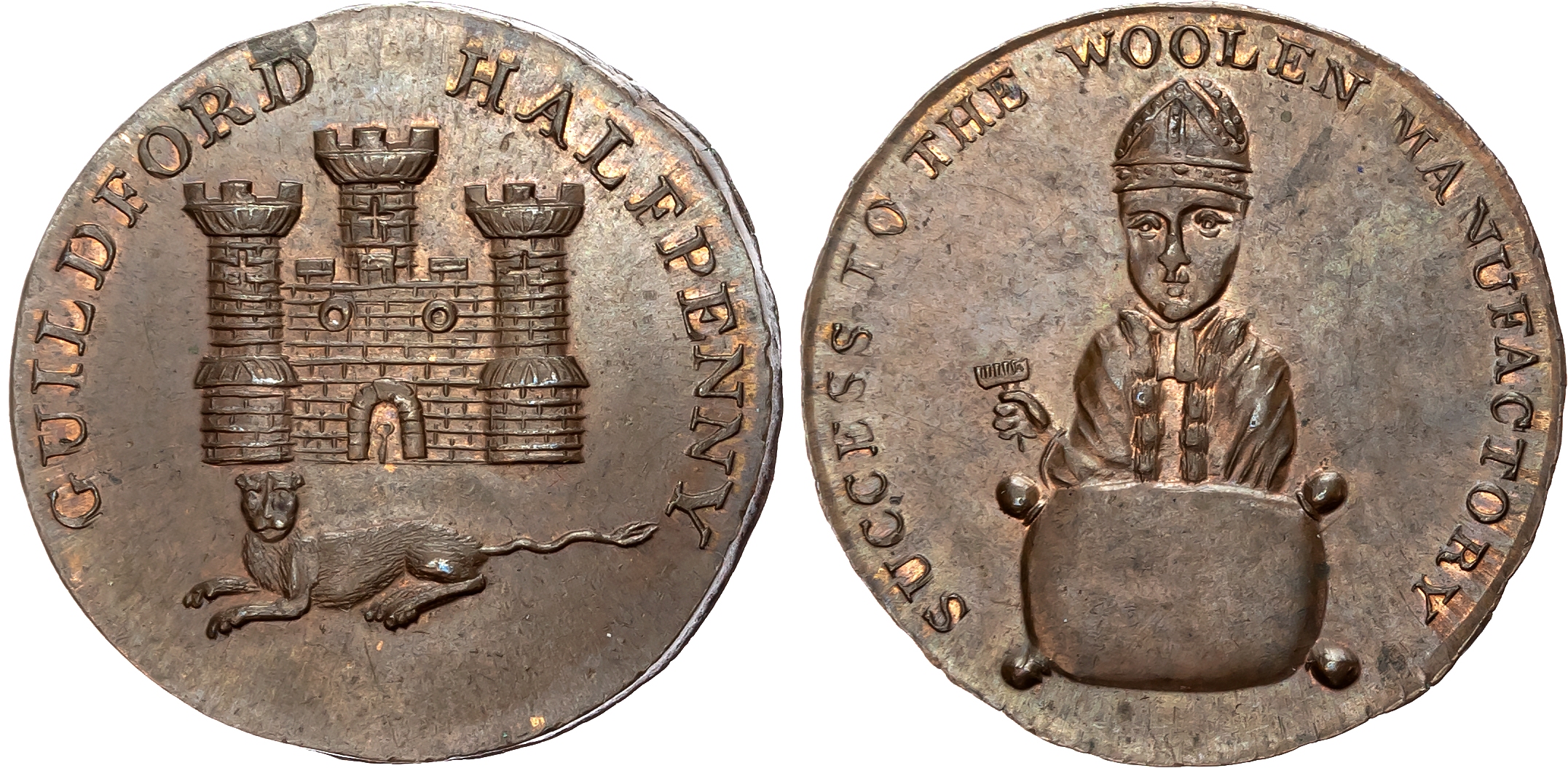 Surr. Guildford, Pratent’s Halfpenny undated, Bishop Blaze and woolpack, rev. Arms of the town, edge plain, 31mm/1422gm. …