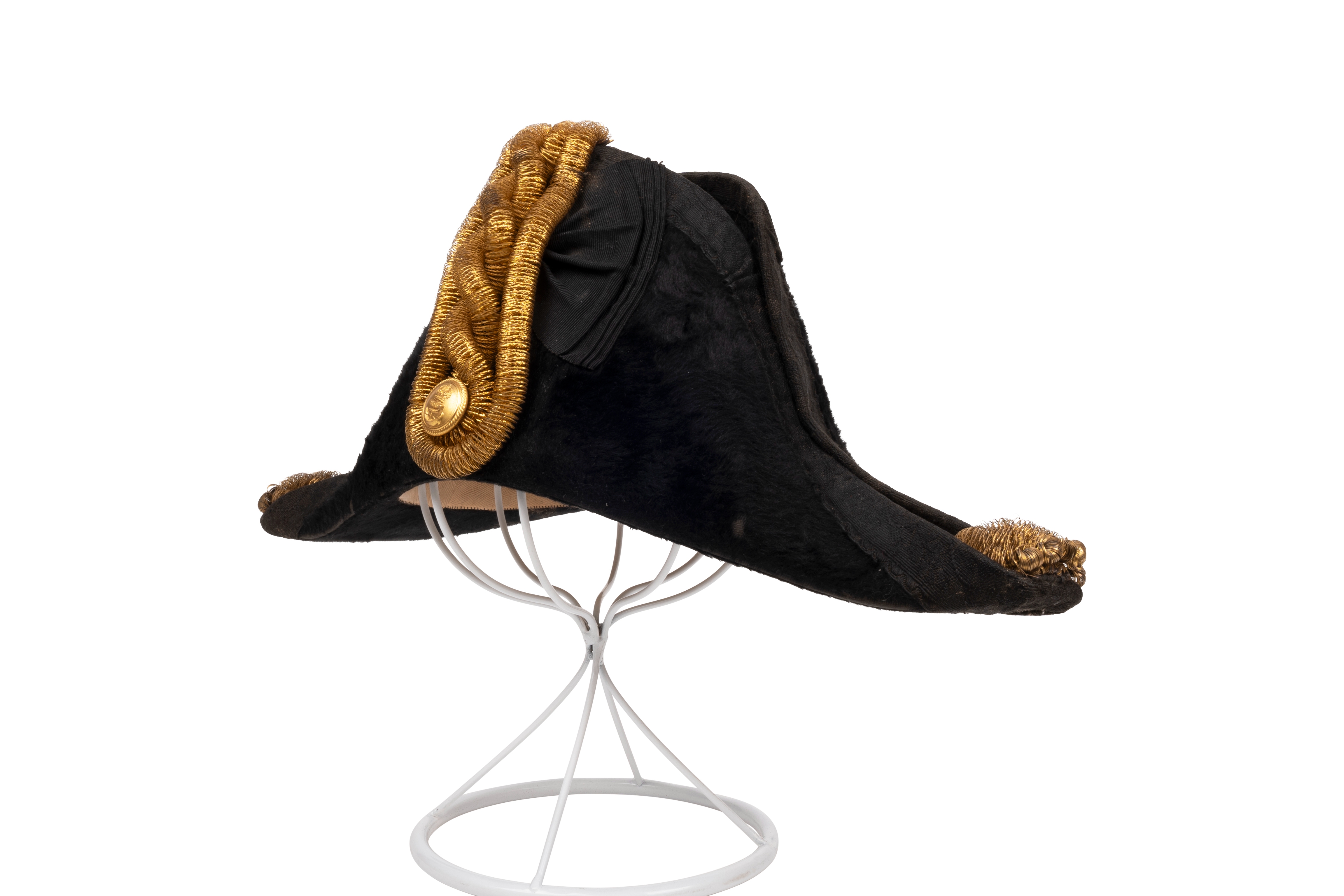 Royal Naval cocked bicorn fore and aft hat with gilt metal knot and bullion epaulettes in Japanned tin case