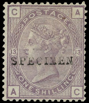 1883 1s Purple Pl.13 (Comb Perf.14). Very fine unused o.g. example lettered AC overprinted ‘SPECIMEN” type 9. This scarc…