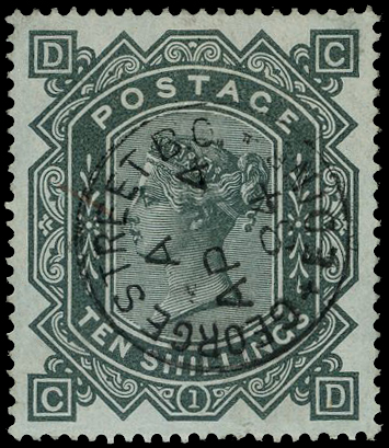 1882 10s grey-green Pl.1 (Blued paper)