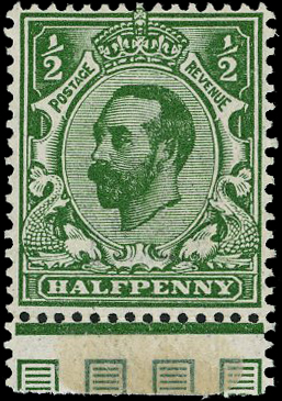 1911-12 ½d bluish green Die IA, lower marginal