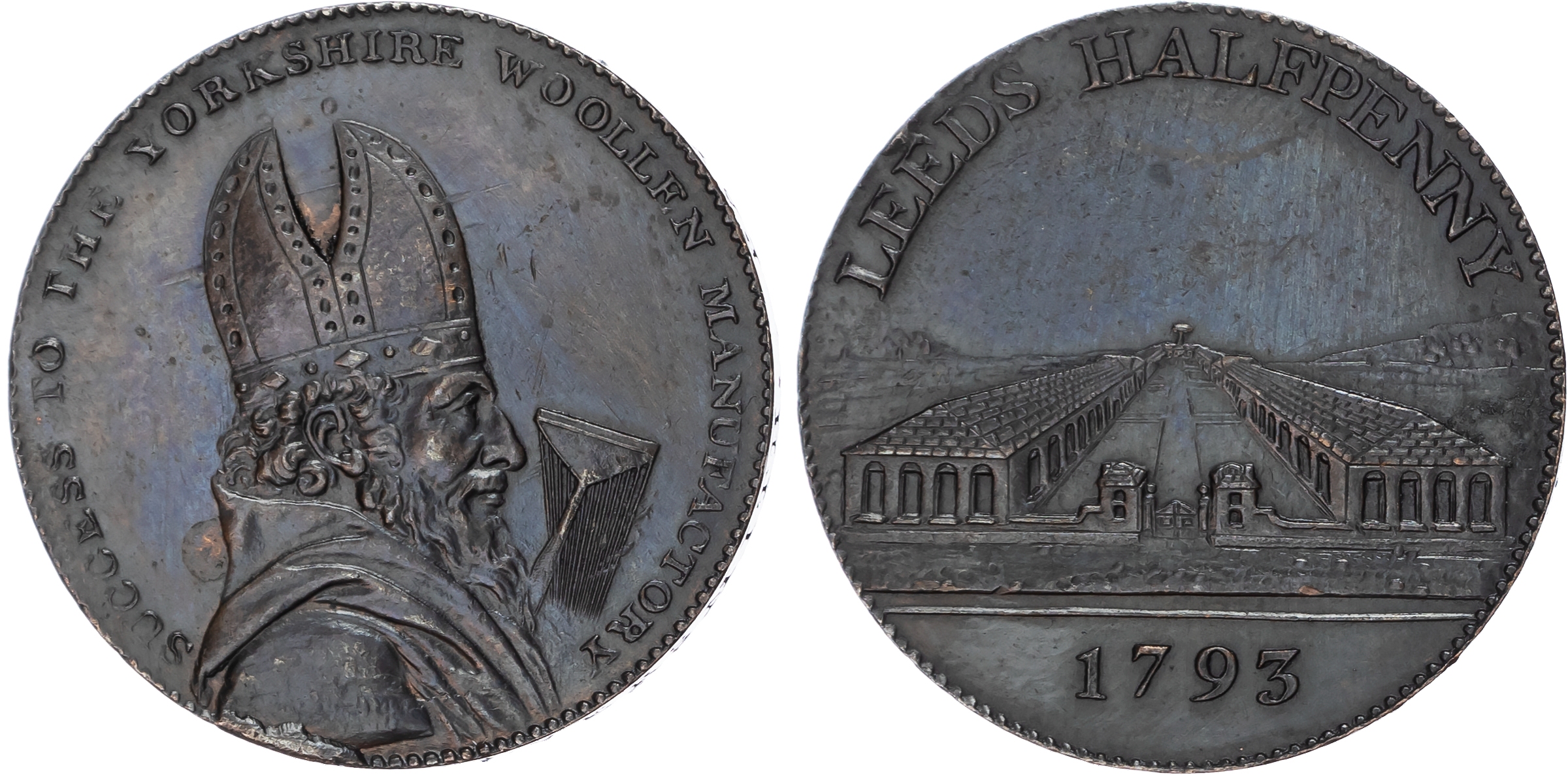 Yorks. Leeds , Henry Brownbill (silversmith, watchmaker) bronzed proof Halfpenny 1793, Bust of Bishop Blaze wi…