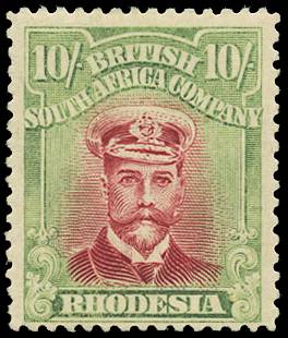RHODESIA SG 309 1922-24 10s WHITE PAPER PERF 14 O.G.