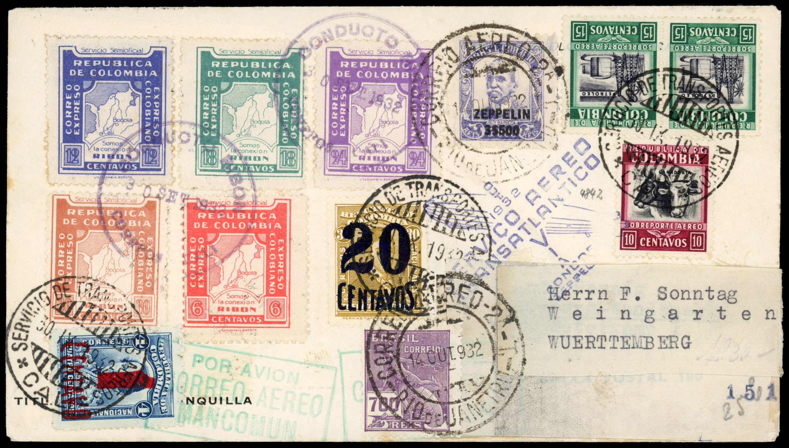Brazil Airmails 1932 Colombia combination Zeppelin cover to Germany