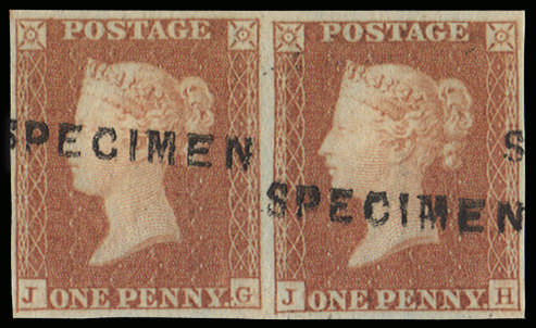 SG8var 1841 1d Red brown Pl.90. SPECIMEN pair.