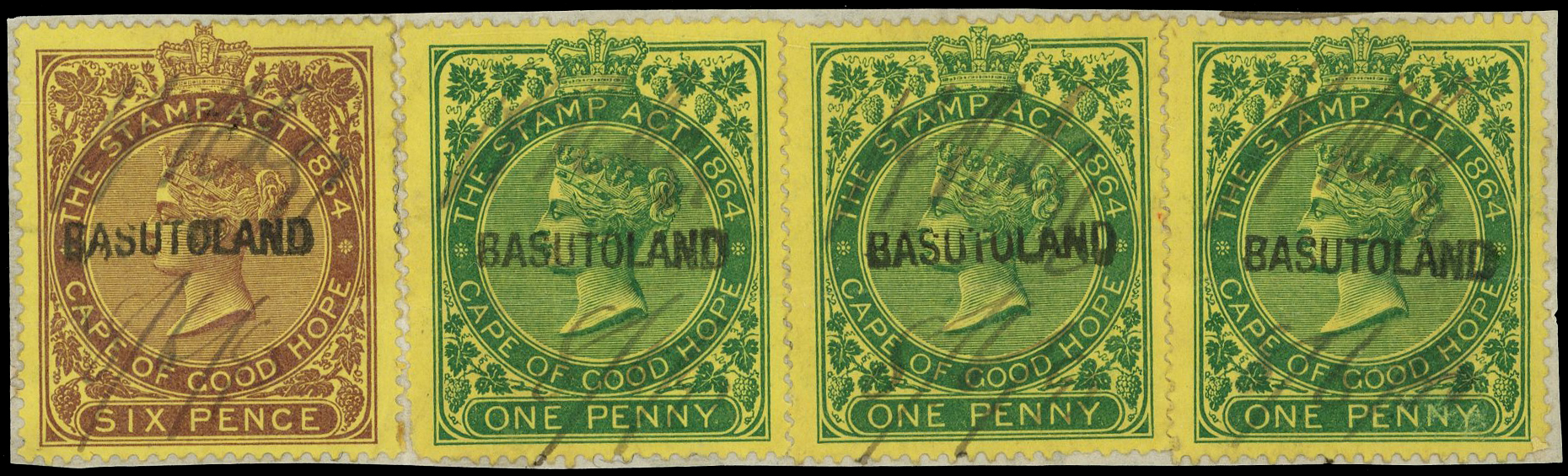 c.1893 24x3mm ‘BASUTOLAND’ handstamp on 1885 Cape Revenues on piece