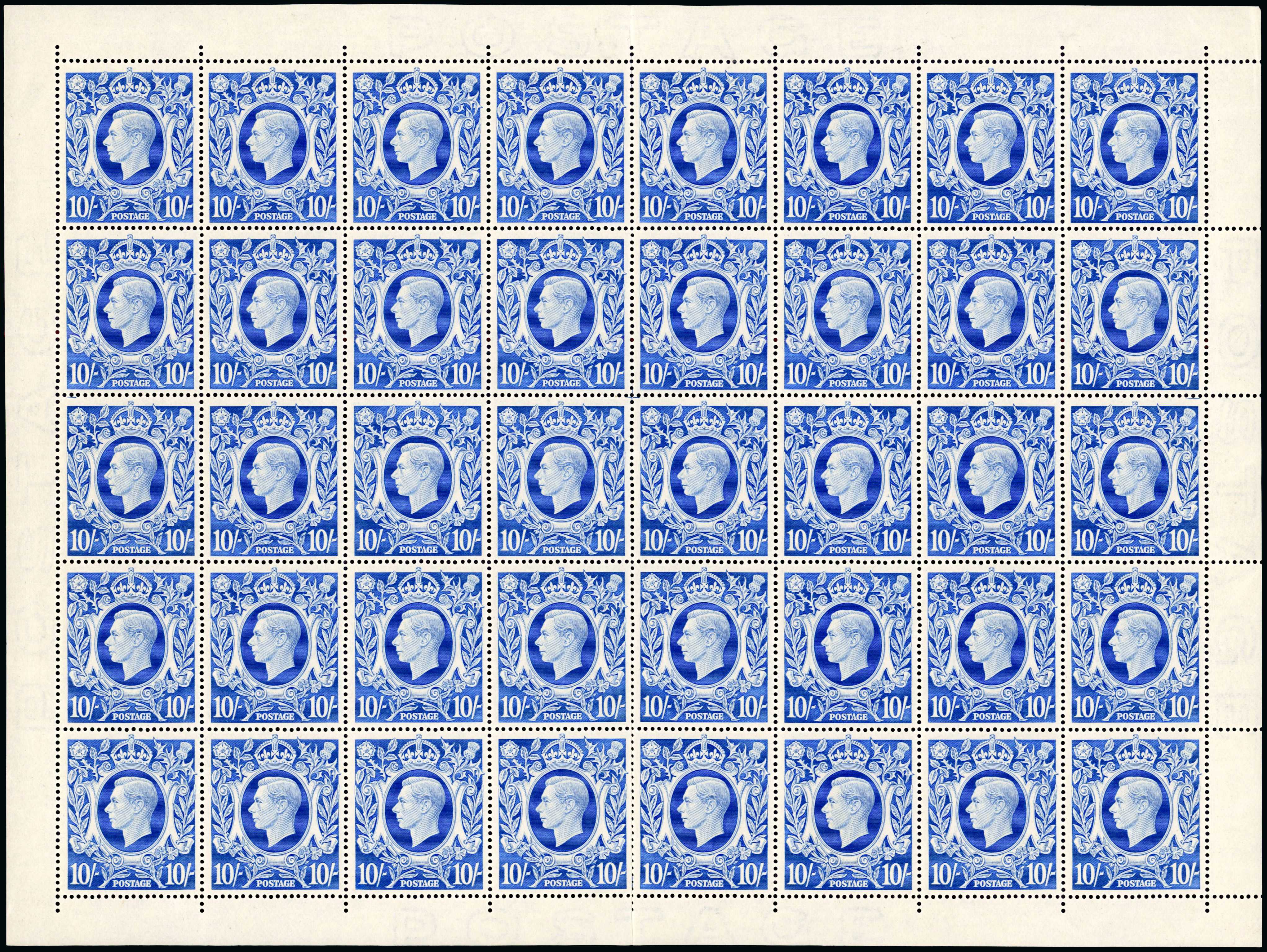 1942 10s Ultramarine mint sheet (SG478b)