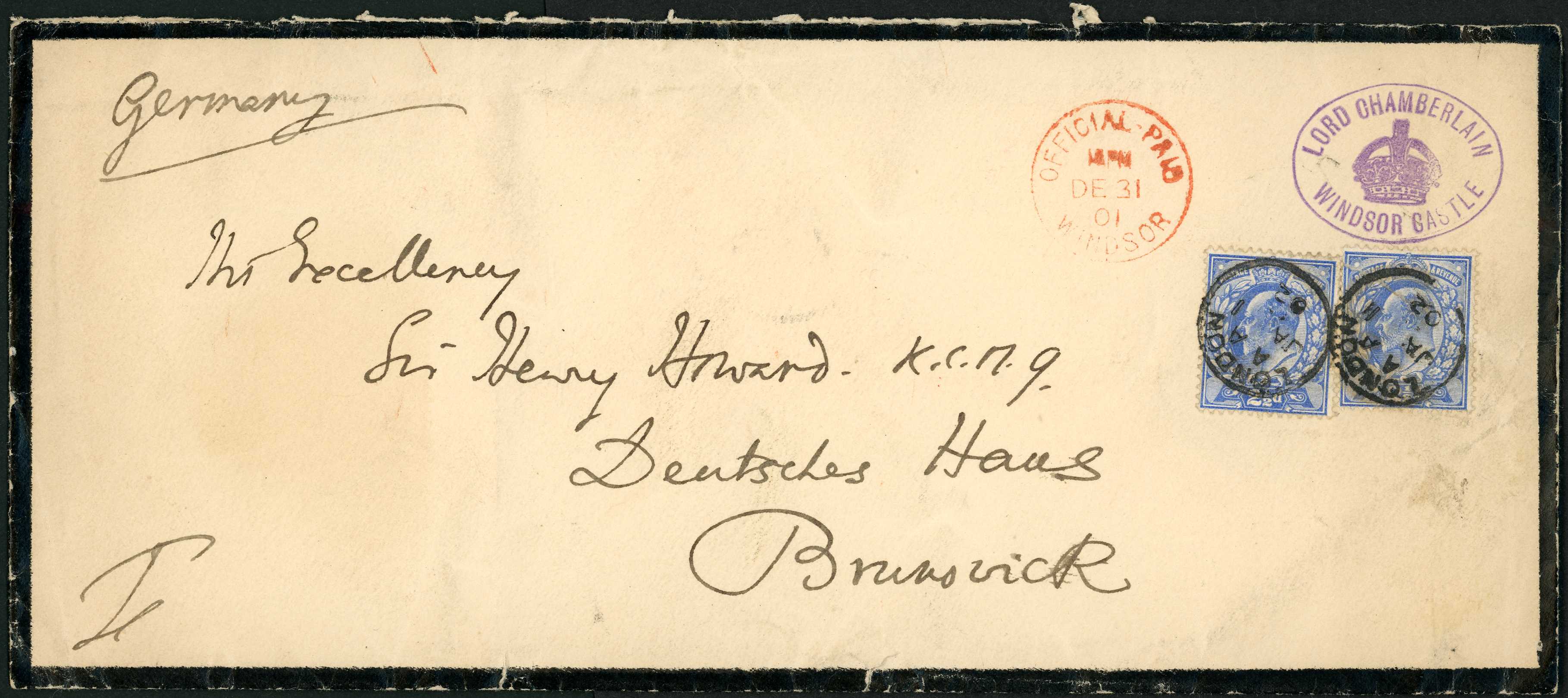 1902 2 x 2½d ultramarine on mourning cover...