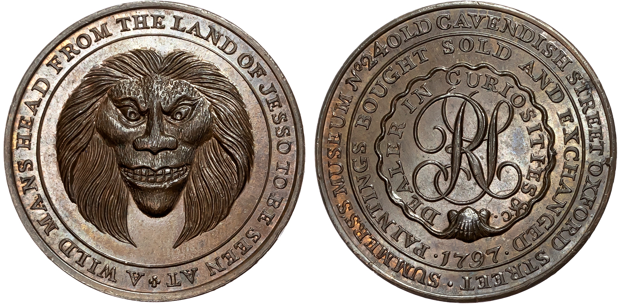 London, Old Cavendish St. Richard Summer  (perfumer and dealer in curiosities) Halfpenny 1797, Head of a wildman from Je …