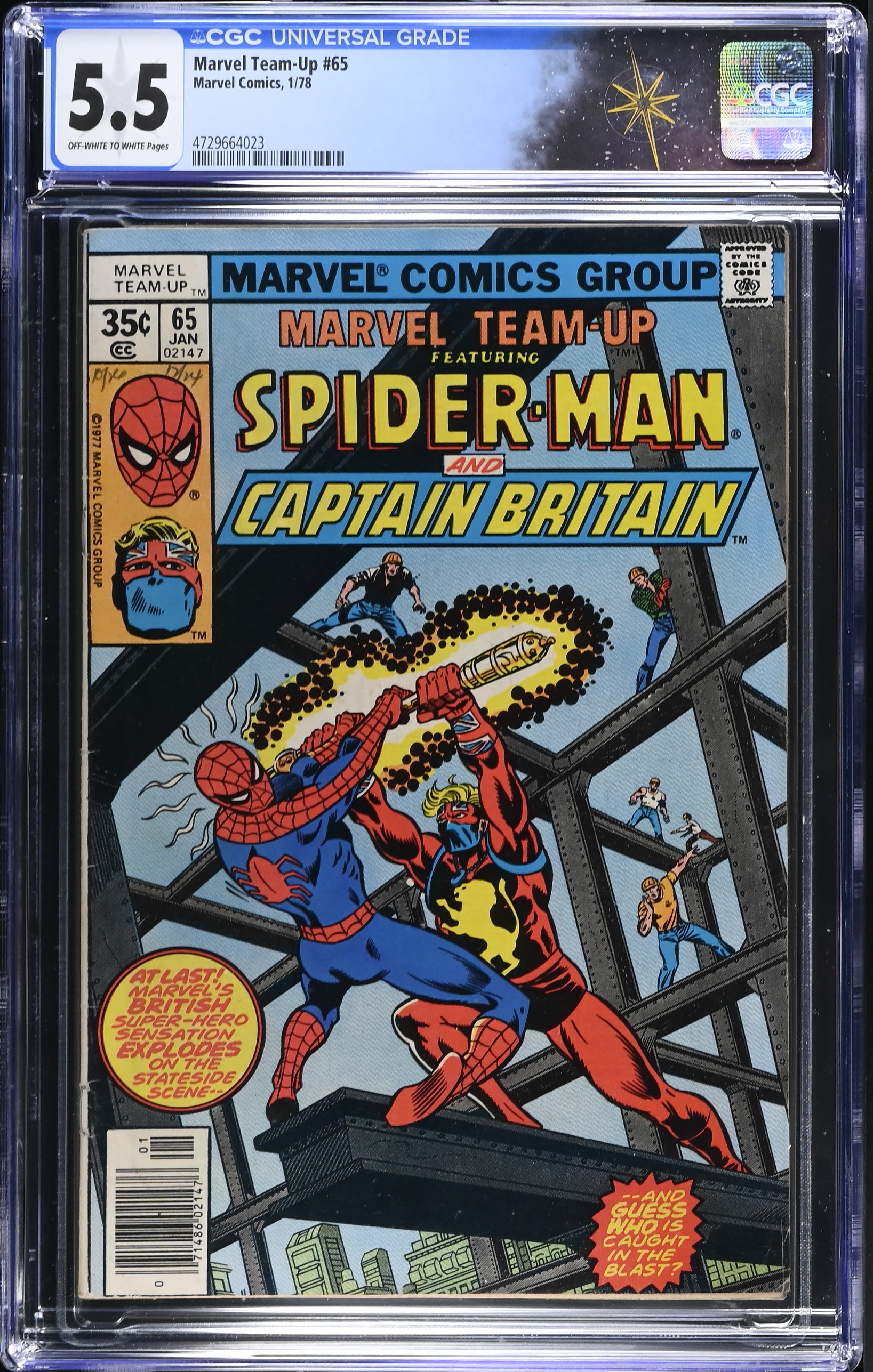 Marvel Team-Up #65 CGC 5.5 Spider-Man & Capt Britain 1st US App. Capt. Britain (Marvel Comics, 1978) Off-White to White Pages
