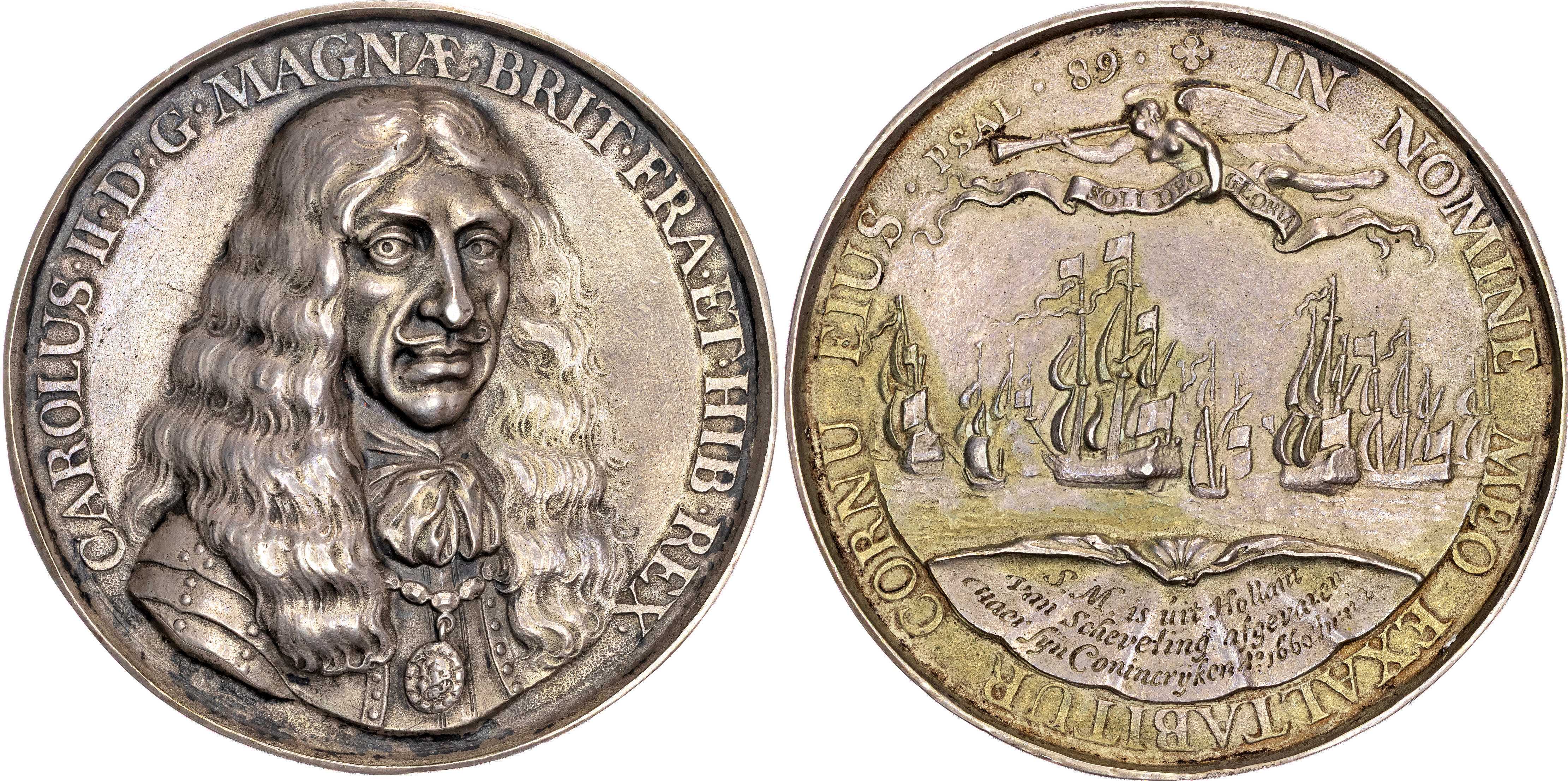 Charles II, Embarkation at Scheveningen, June 2 1660, Cast and hollow silver medal by Pieter van Abeele.