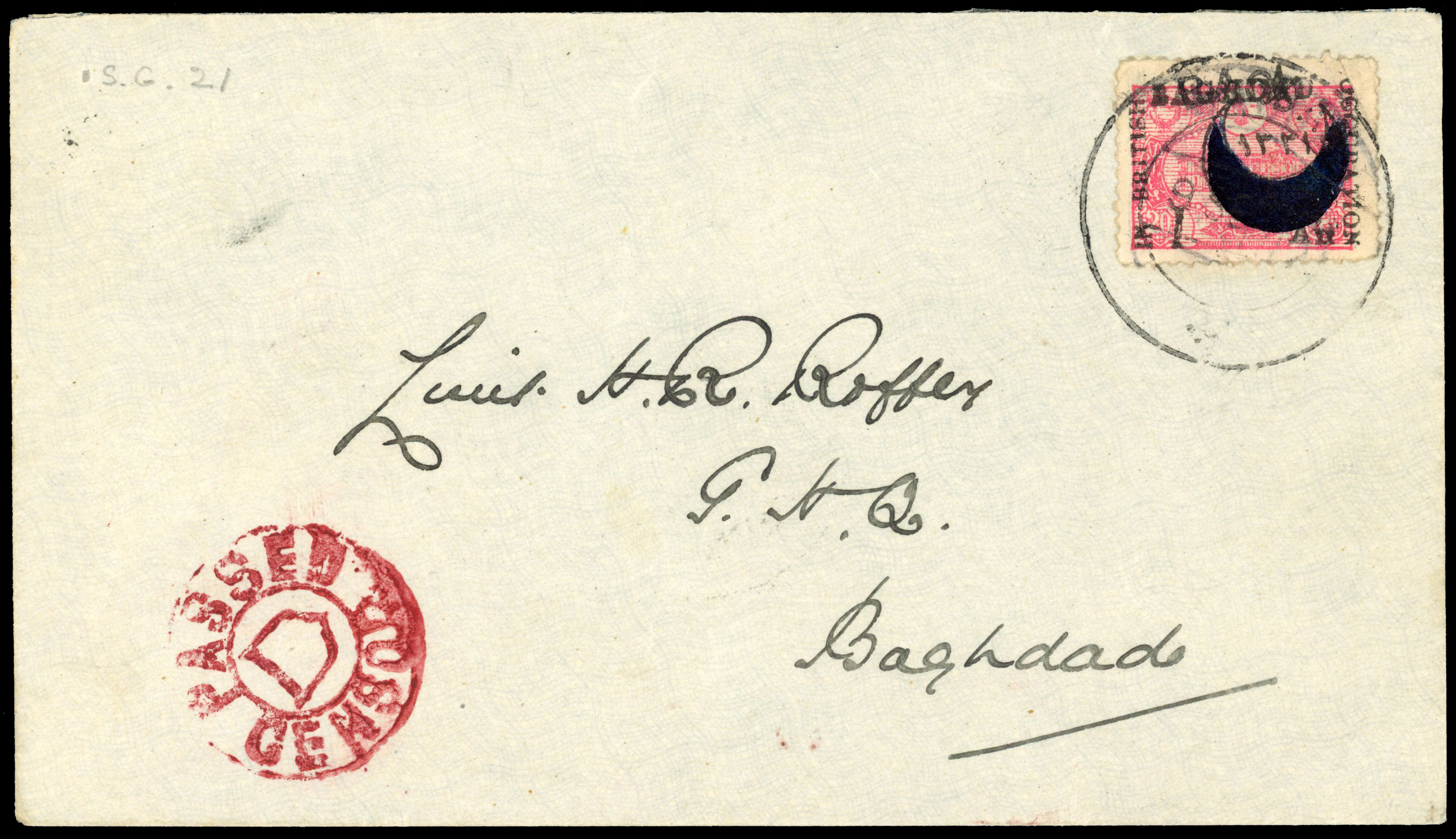 Iraq British Occupation of Baghdad SG 21 on local cover from Roffey correspondence.